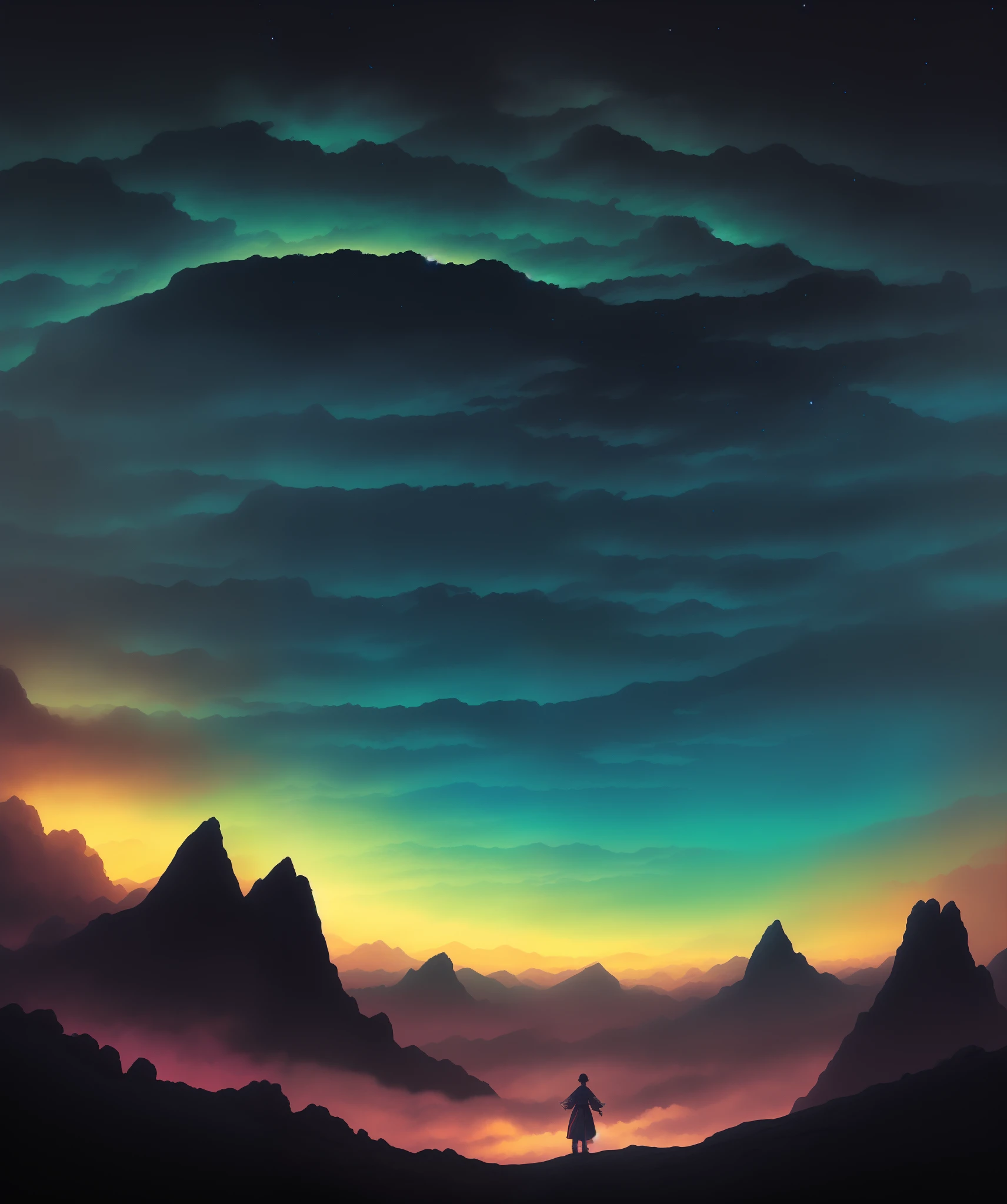 Hanfu people standing on the mountain, The surrounding clouds are divided into a path,A translucent gas swirled around his body,Knife in hand,Cut into the sky,Space in the sky cracked,Shaped like an eye,The earth is in the middle of the hole,Ocean City conceptual map, Fantasy art, Cyril Rolando, Anime epic artwork,fractal thunder dan mumford, Dan Mumford and Alex Gray style, in the style dan mumford artwork, Dan Mumford's art style, el bosco and dan mumford, inspired by Dan Mumford, dan mumford and albert bierstadt, painting by dan mumford, dan mumford paint, cosmic lsd poster art