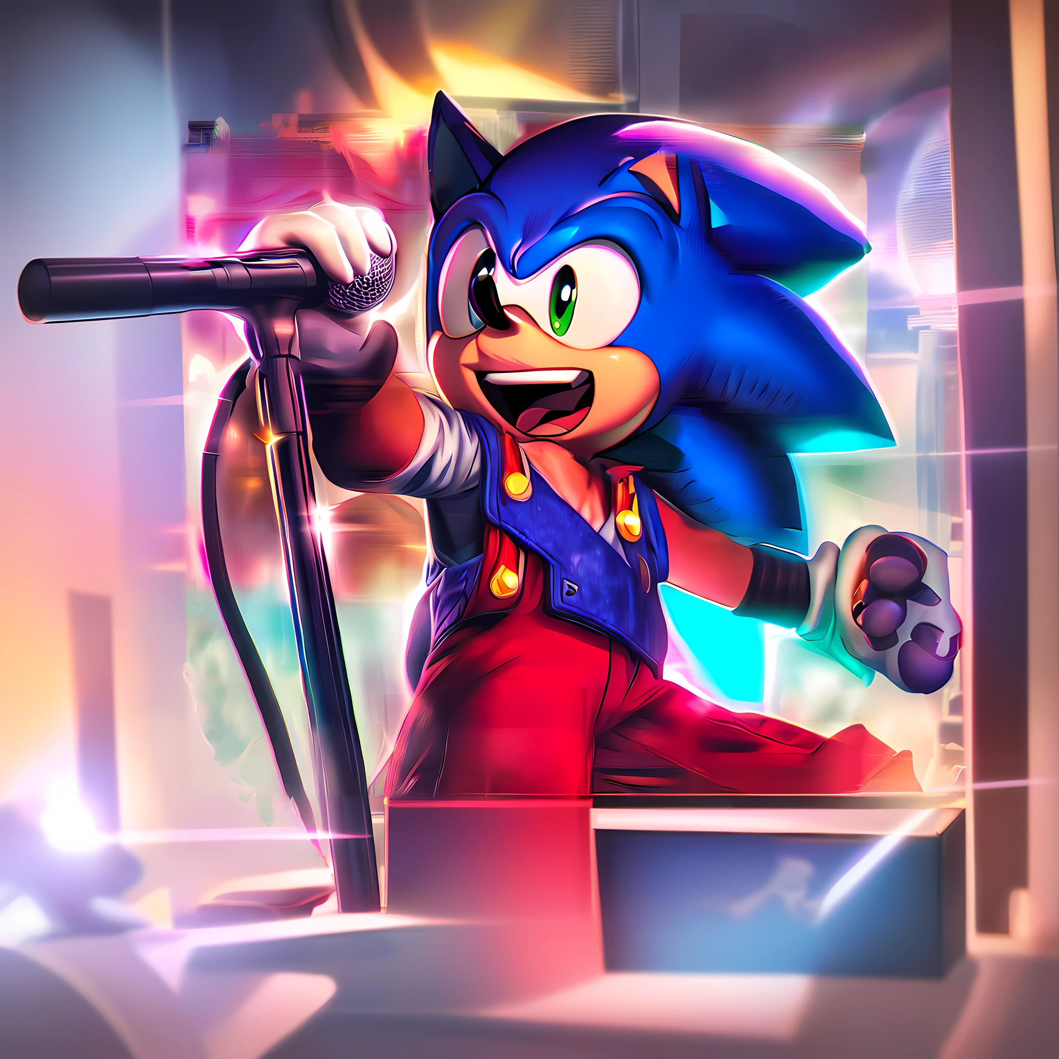 sonic the hedger is holding a microphone and a cookie, sonic power, portrait of sonic the hedgehog, sonic the hedgehog illustration, sonic hedgehog, sonic the hedgehog, from sonic, sonic oc, sonic, sanic, fan art, sonic the hedgehog in a surreal, movie sonic, official artwork hdr, art in the style of joshy sly, sonic game