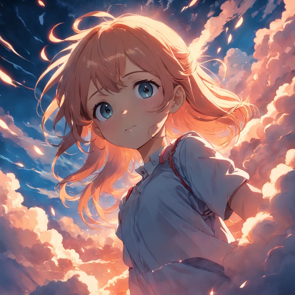 masterpiece, best quality, movie still, 1girl, cloud girl, floating in the sky, close-up, bright, happy, warm soft lighting, sunset, (sparks:0.7)