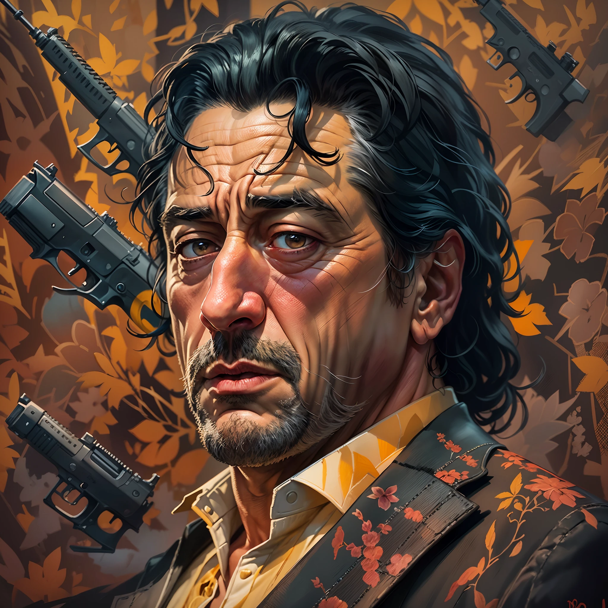 A painting of a man Robert De Niro ( with black hair), gangster pose and look, perfect Art, Art, Intricate Digital Painting, original Artwork, Illustration, guns in the background digital art, masterpiece Illustration, Beautiful 4K Art, Vibrant Digital Painting , Stunning digital illustration, Intricate masterpiece, A beautiful artwork illustration, Beautiful color art!