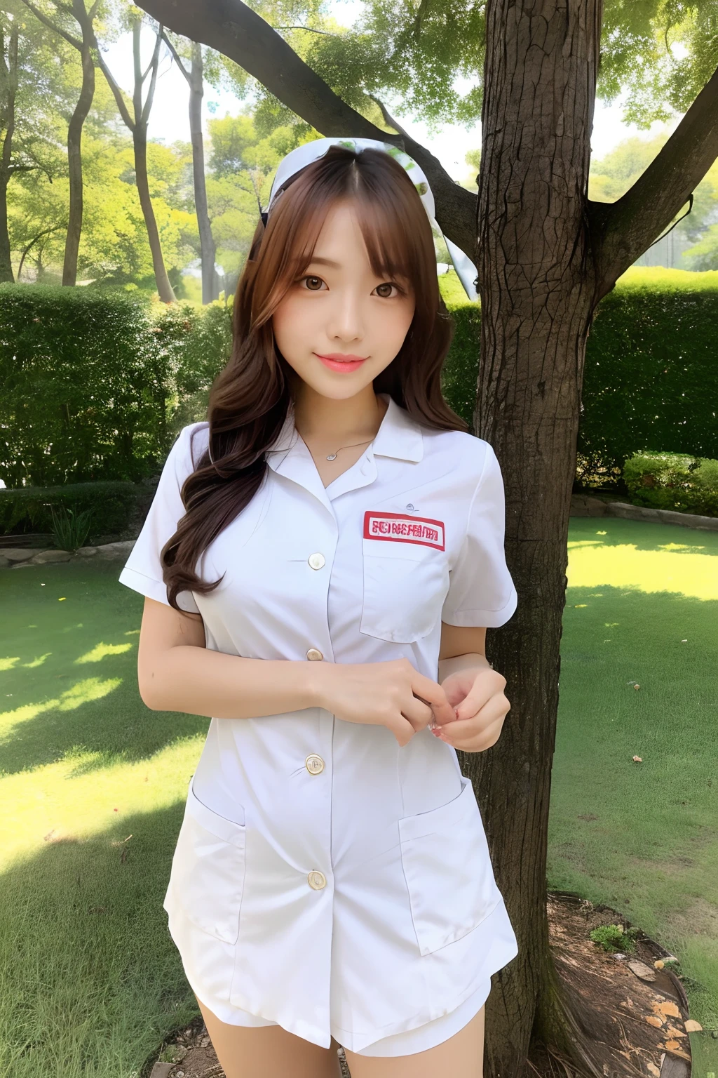 (top-quality、8K、32K、masterpiece、nffsw:1.2)、Photo of a cute Japanese woman、 1 人、(Medium short dark brown hair)、(small tits)、二重まぶた、White nurse uniform、Little White Nurse (caps) 、White shirt、open-shirt、hospitals、Hospital Room、The upper part of the body、full body Esbian