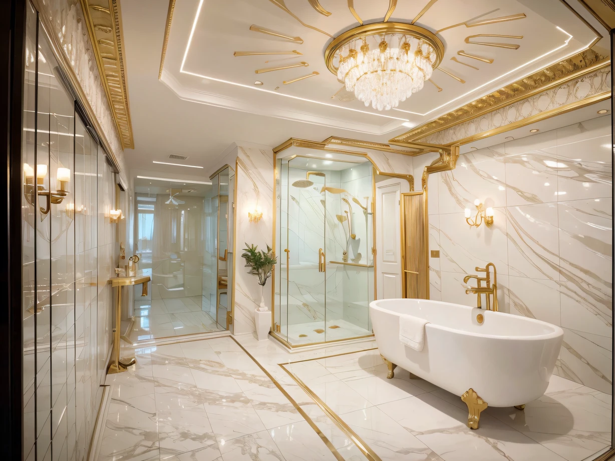 ，masterpiece, best quality，8k, ultra highres，In this wonderland bathroom，It's as if you've entered a mysterious crystal palace。When you step into it，Through the huge neon lights, the magnificent light from the ceiling illuminates the entire space。Marble decoration on the walls，It exudes a light aesthetic as if you were in the clouds。Warm steam pervaded all around，You can feel almost every drop of water gently touching your skin。Wander through hot springs with shells at the bottom，Your body and mind are carefully cared for，It was as if returning to her mother's arms。closing her eyes，You seem to hear faint sounds in the universe，Feel the beauty and tranquility of the world，All this，Only in this bathroom，to really have。