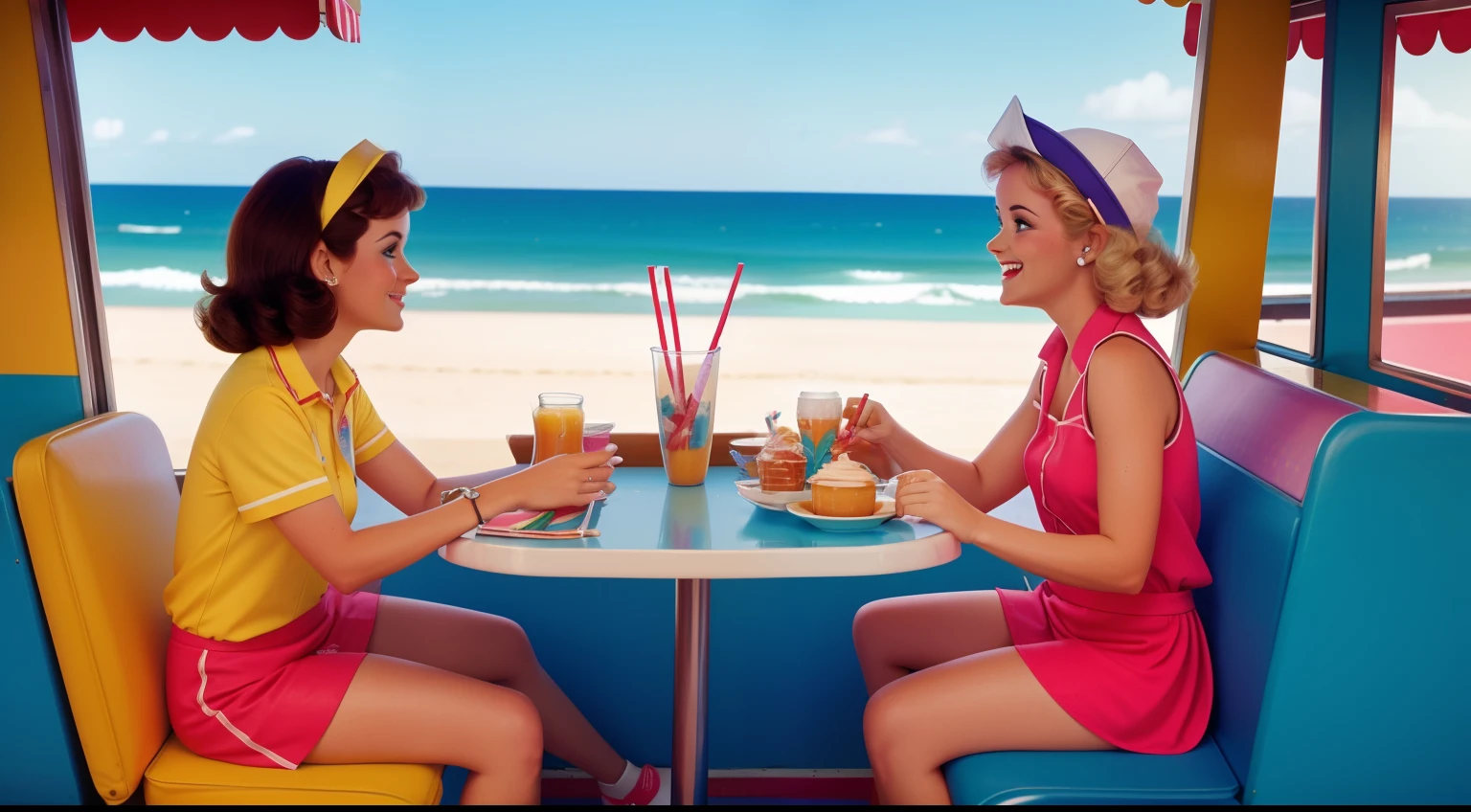 Date: 1978
Location: Sydney, Australia
Description: At a retro beachside diner, a roller-skating waitress serves milkshakes to a couple seated in a colorful booth overlooking the glistening ocean.