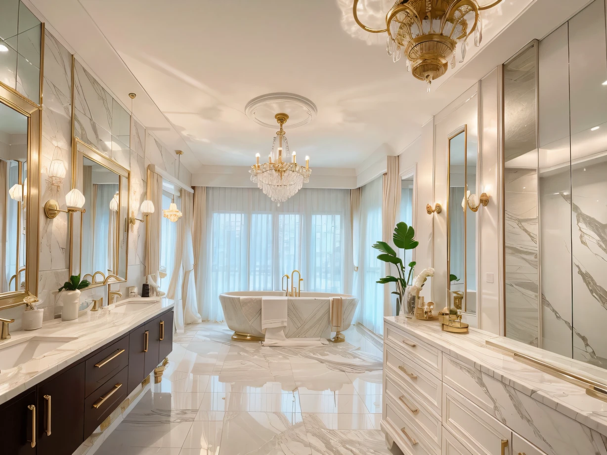 ,masterpiece, best quality,8k, ultra highres,In this wonderland bathroom,It's as if you've entered a mysterious crystal palace。When you step into it,Through the huge neon lights, the magnificent light from the ceiling illuminates the entire space。Marble decoration on the walls,It exudes a light aesthetic as if you were in the clouds。Warm steam pervaded all around,You can feel almost every drop of water gently touching your skin。Wander through hot springs with shells at the bottom,Your body and mind are carefully cared for,It was as if returning to her mother's arms。closing her eyes,You seem to hear faint sounds in the universe,Feel the beauty and tranquility of the world,All this,Only in this bathroom,to really have。