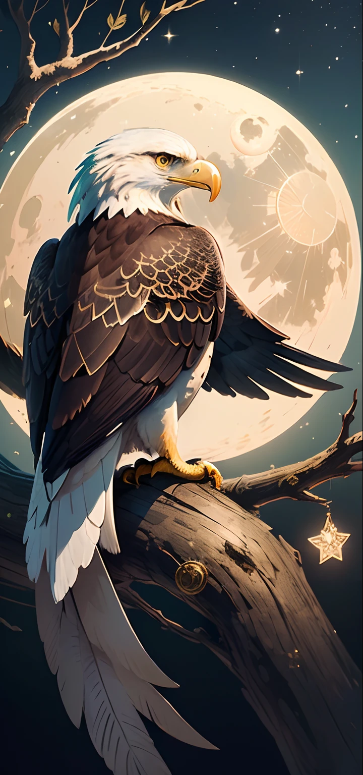 (((masterpiece))),best quality,illustration,beautiful,detailed,glitter,paper_cut,Eagle,tree,moon,