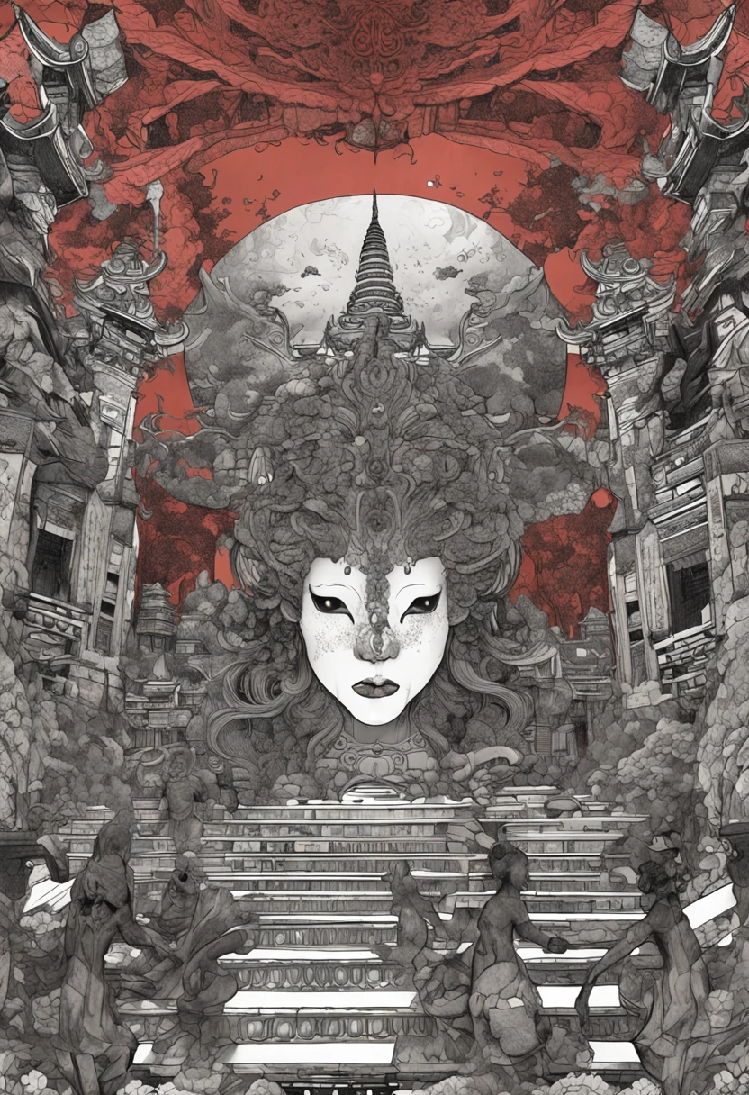 absurderes, high resolucion, The ultra-detailliert, (1Girl:1.3), break , Beautiful temple scene design, intricate architecture, Lush gardens, A sense of peace and spirituality. break , Creating a destructive image of the devil, With terrifying features, The Power of Darkness, A thirst for chaos and ruin. break , Design an image with a fisheye lens effect, capturing a wide field of view with a distinctive, curved perspective. break , Create a rooftop view in an urban environment, Panoramic cityscape, Dramatic skyline, and altitude sense. break , Describe tender moments between parents and children, Capturing their bond, love, and connect. break , Use pointillism to describe images, With small dots of color meticulously placed to create a cohesive and visually stunning whole..Long-haired beauties,Tall and tall,Tang Dynasty,Ancient Chinese,Red Eyes,The eyes are cold and evil,The Chinese Face,Impeccable,Delicate,Ancient Hanfu,Period costumes,(Background with:Dark and scary,Countless ghosts,terrorism,Thriller)The Cursed Girl,Chinese horror,The mask is half-covered.,Ancient Design Sensory Mask,