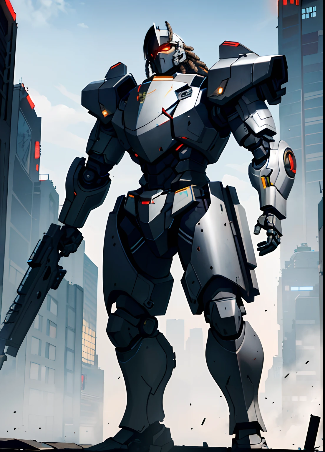 ((Best quality)), ((masterpiece)), (highly detailed:1.3), 3D, cyberpunk, 1 dark skinned male, visor, black dreadlocks, young, no beard, mechanical muscle, tall chunky cyborg, silver mech plate armor, arm cannons, finger guns, laser vision, rocket boots, blizzard background