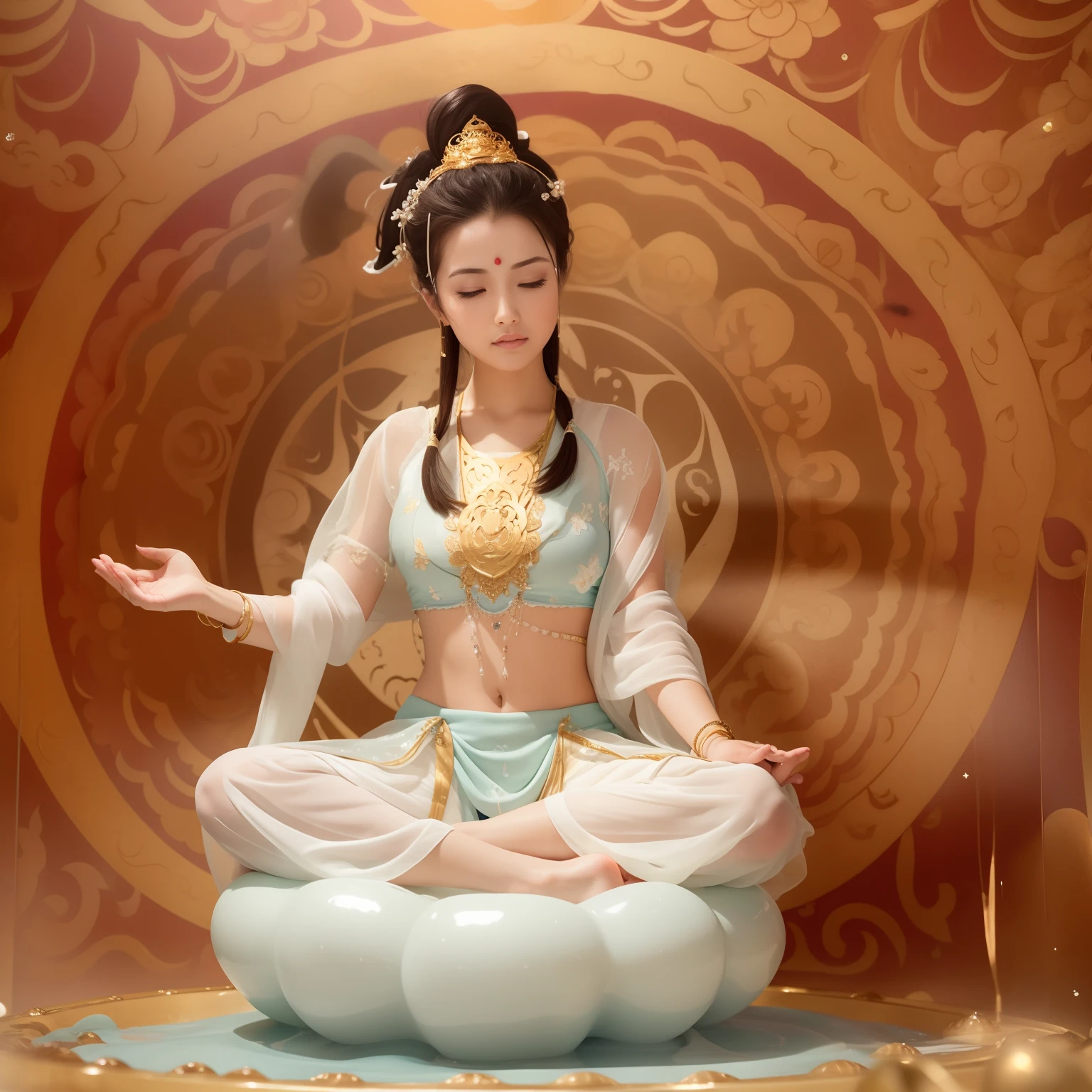 beauty with full body  doing yoga lotus sitting meditation in a milky white slime chamber，（complete，Delicate and good-looking face）Surrounded by many female bodhisattvas