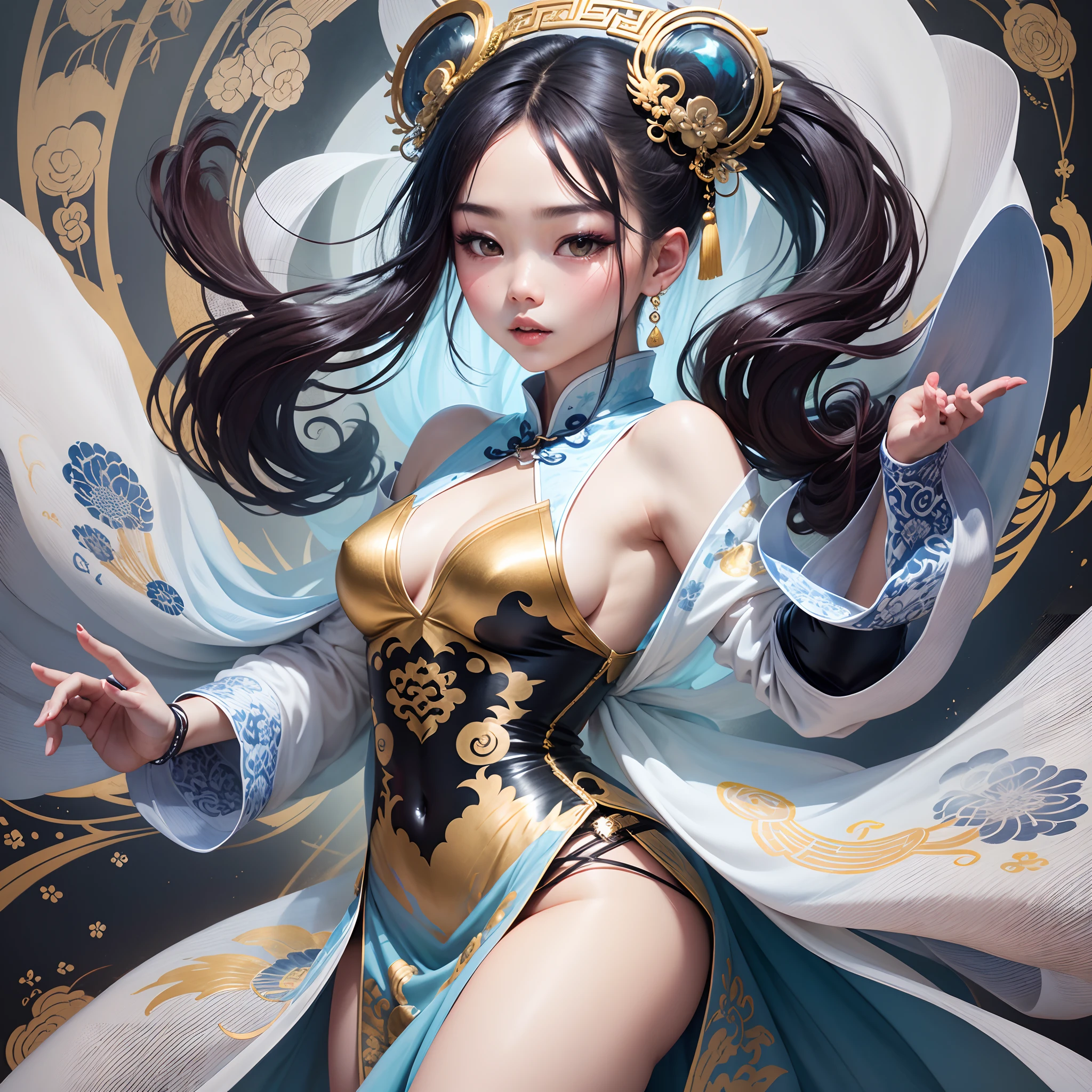 Ink painting, contemporary, masterpiece,the style of traditional Chinese ink , by kawacy , gorgeous Chinese gir, dynamic dancing, charming poses, light blue Hanfu dress, gorgeous white silk and gold patterns , half - body, thin brush lines, Transparent iridescent , high details , 8k -process --auto --s2