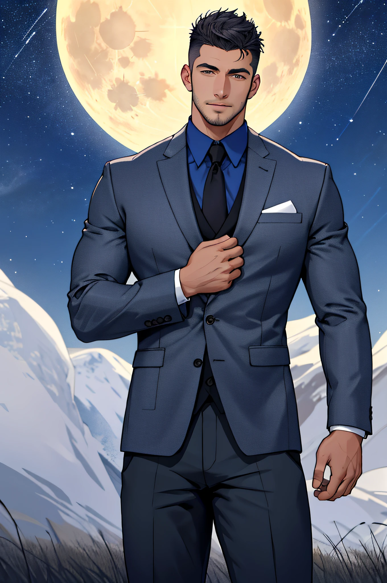 Draw a full-fledged footballer,Standing on the steppe at night,Quiet and comfortable background,He wears the same suit as the country's president,The suit fits perfectly,Handsome face,eyes with brightness,The man looks confident and determined,looking-down,Crew cut,full bodyesbian,Stars dot the sky,shooting from below,Big moon highlights background