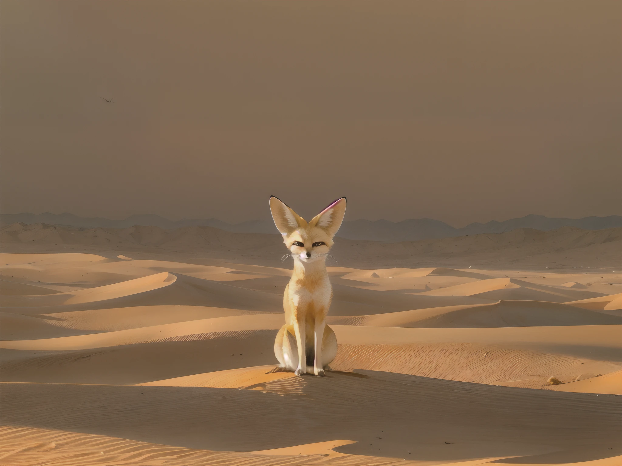 Imagine a vast desert landscape stretching as far as the eye can see. The golden sand dunes rise and fall, creating a mesmerizing pattern of light and shadow. In the center of this scene, a resplendent fennec fox stands proudly, its fur glowing with a radiant warmth. The fox's large ears, perfectly adapted to the desert environment, perk up as it listens to the gentle whispers of the wind. Its piercing eyes, filled with curiosity and intelligence, reflect the beauty of the surrounding landscape. As the sun sets on the horizon, casting a warm orange glow, the fennec fox becomes a true embodiment of grace and resilience in this breathtaking desert scene.
