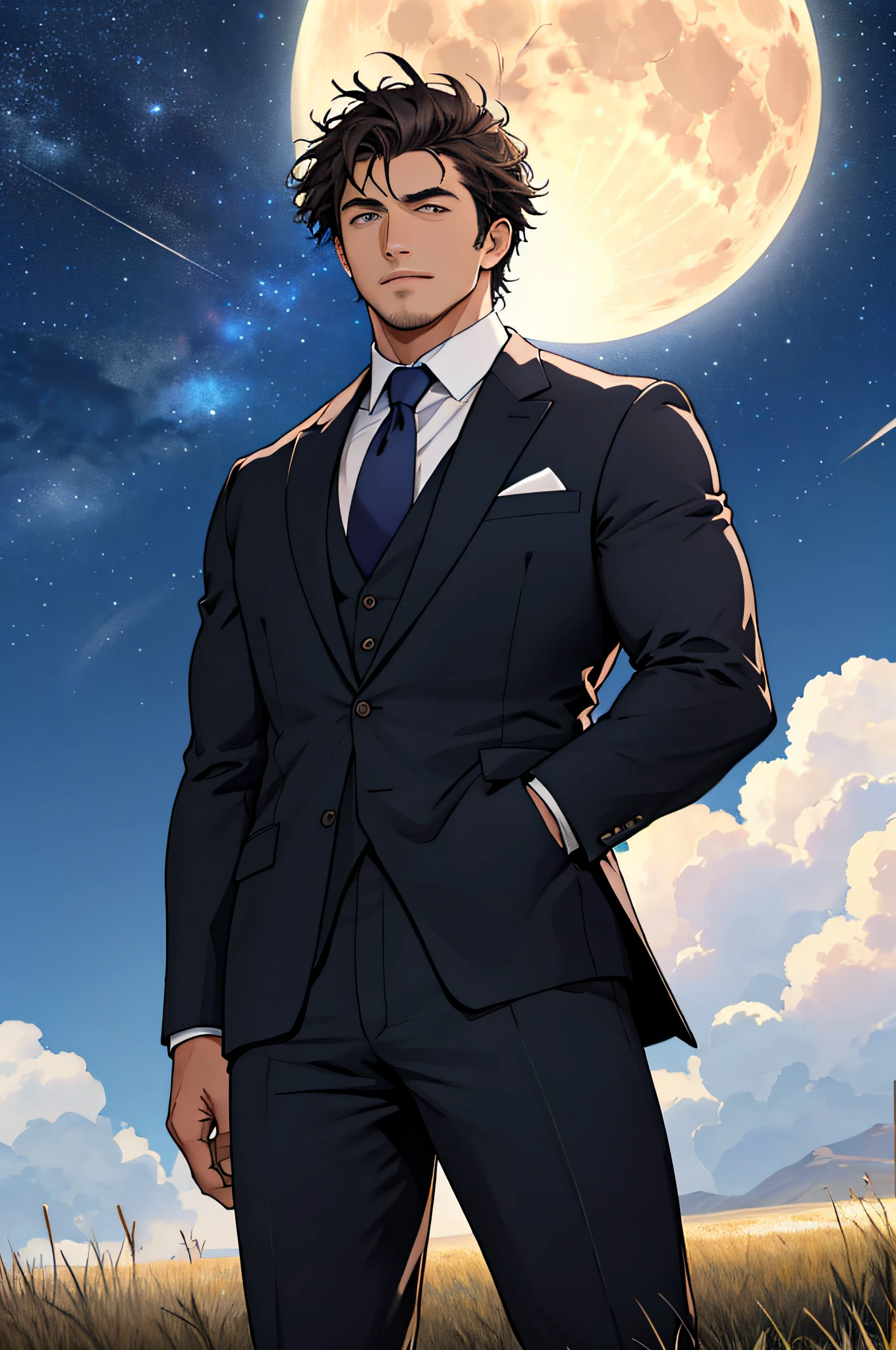 Draw a full-fledged footballer，Standing on the steppe at night，Quiet and comfortable background，He wears the same suit as the country's president，The suit fits perfectly，Handsome face，eyes with brightness，The man looks confident and determined，looking-down，Crew cut，full bodyesbian，Stars dot the sky，shooting from below，Big moon highlights background