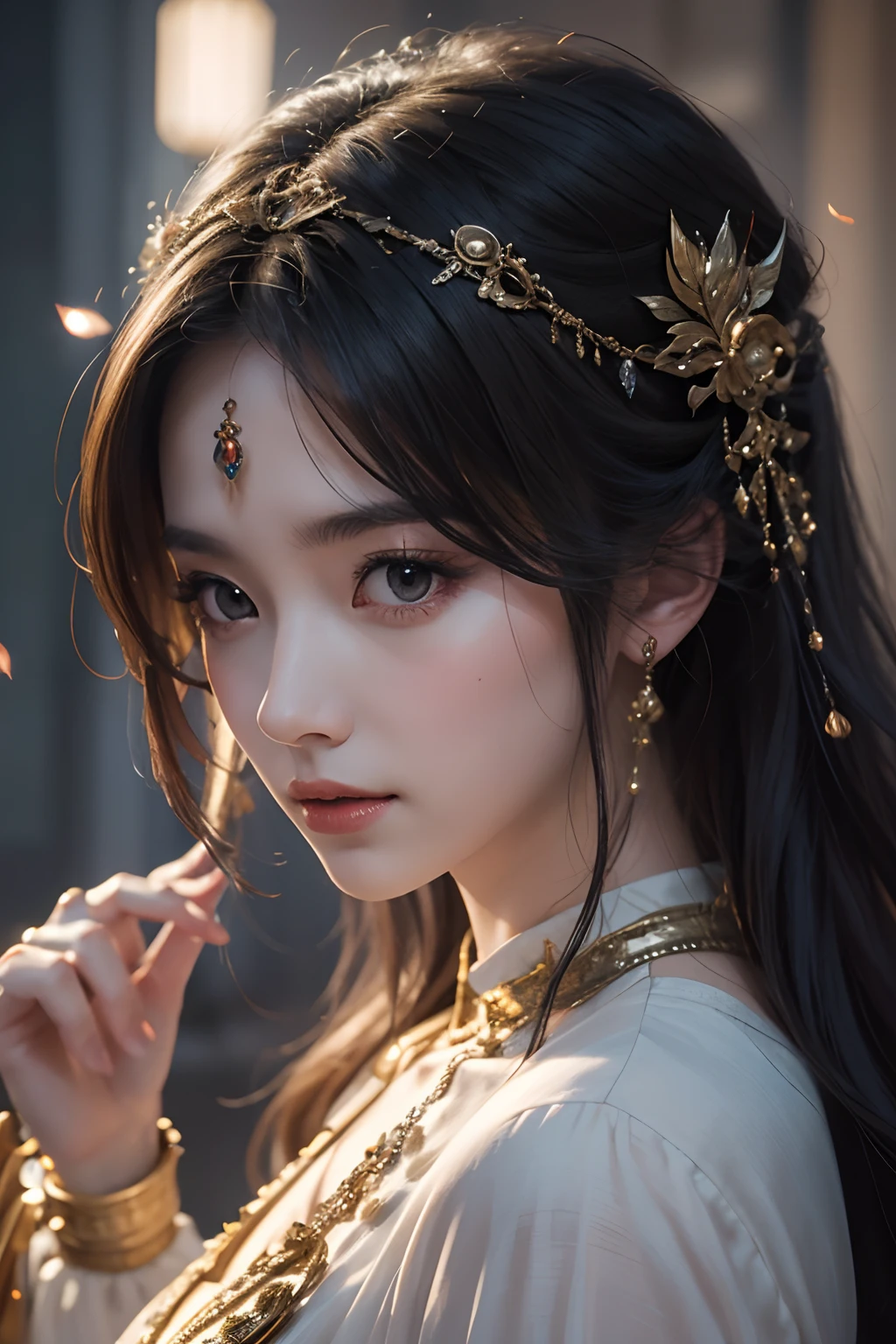 Portrait of a single woman,divine,immortal,cultivating immortals,magic array,gorgeous costumes,Brilliant scene,中景 the scene is,Ancient wind,Best Quality,Hyper High Detail,hight resolution,8K,Delicate face and facial features,glowing light eyes,Artistic lighting,