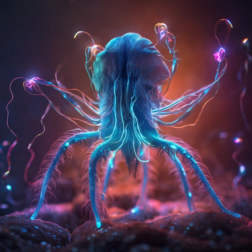 small, fantasy, Wonderful Bioluminescence stringy creatures, dark background, visible light spectrum, Shih Chieh Huang