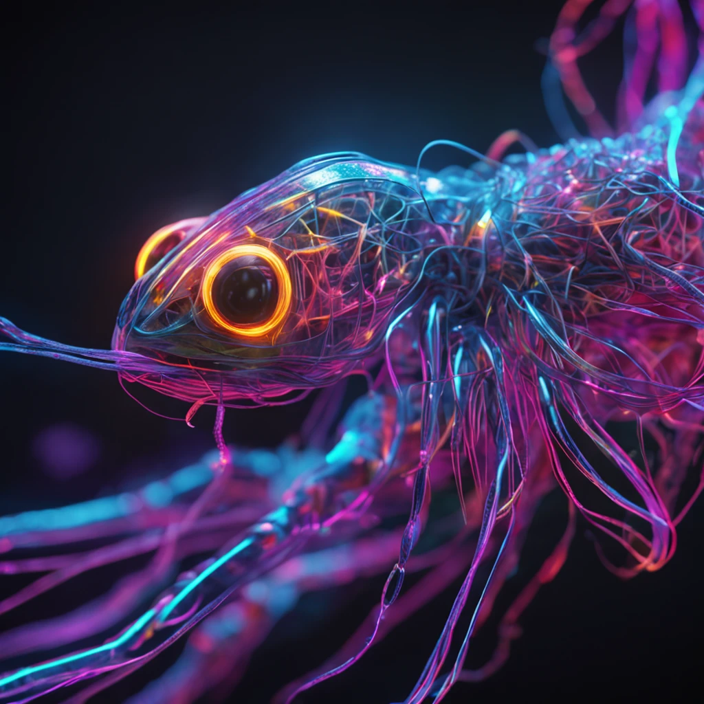 small, fantasy, Wonderful Bioluminescence stringy creatures, dark background, visible light spectrum, Shih Chieh Huang
