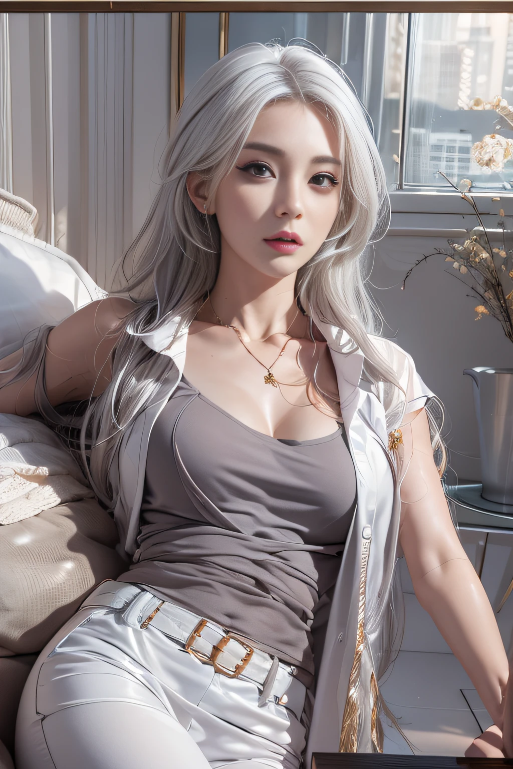 Photorealistic, high resolution, Soft lights, 1womanl, Shiny skin, Fine fine skin, Solo, Hips up, view the viewer, (Detailed face), White hair, Long hair, doctor outfit, blouse