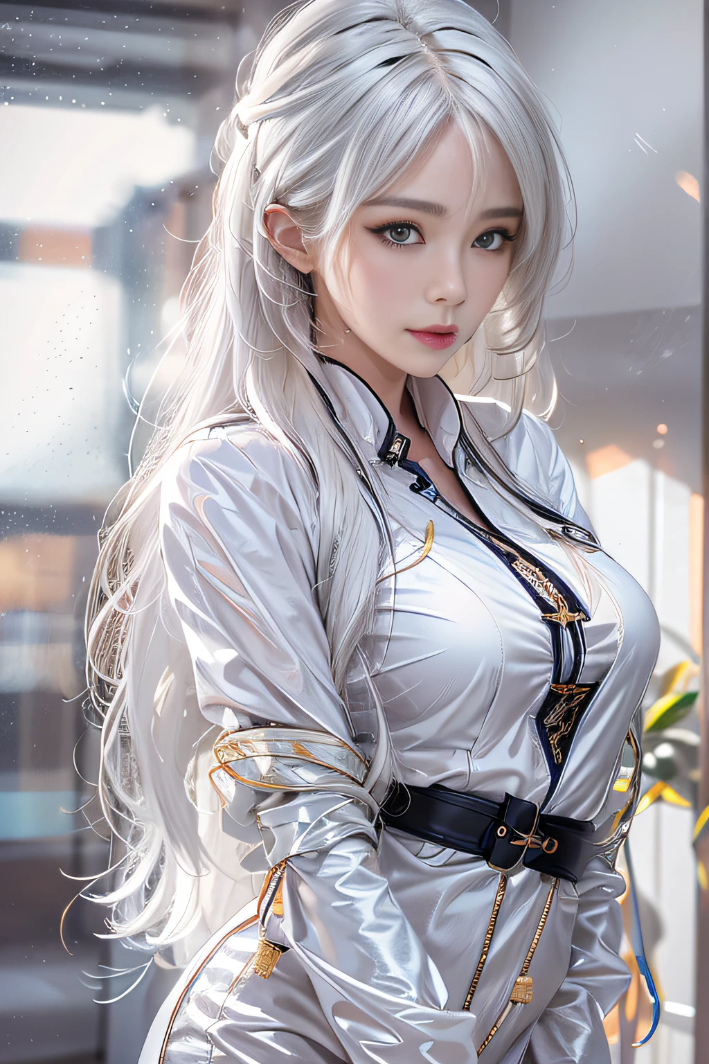 Photorealistic, high resolution, Soft lights, 1womanl, Shiny skin, Fine fine skin, Solo, Hips up, view the viewer, (Detailed face), White hair, Long hair, doctor outfit, blouse