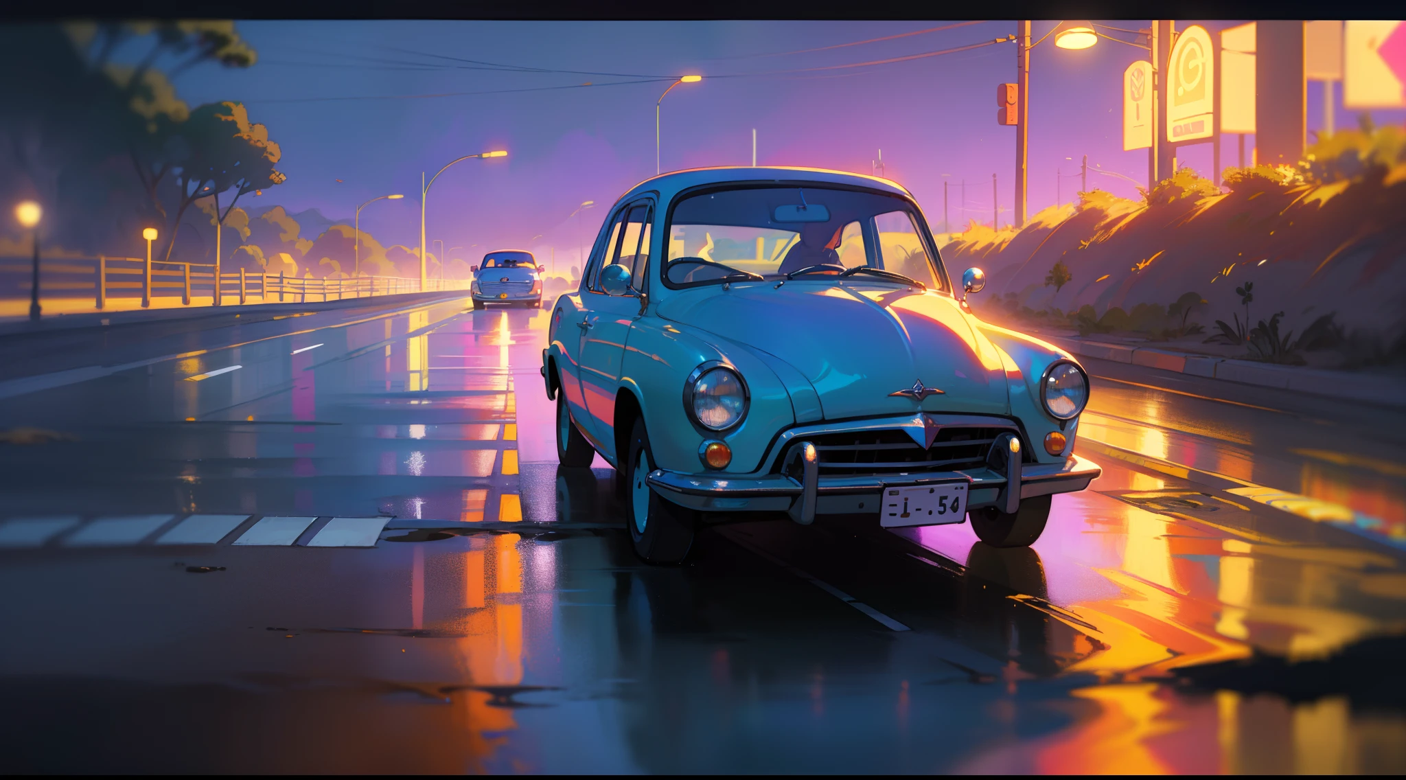 Masterpeace, BestQuality, PIXAR STYLE, CarS, SOUTH AFRICA COASTAL ROAD, Wet Road, Auto, Auto, Bright Colors, Volumetric Lighting, Best Shadows, Shallow Depth of Field, (High Quality, Stunning Details: 1.25), Brilliant Colorful Paintings, Whimsical, Magical, Flicker, Highlights, Neon Garland, Details, 8k