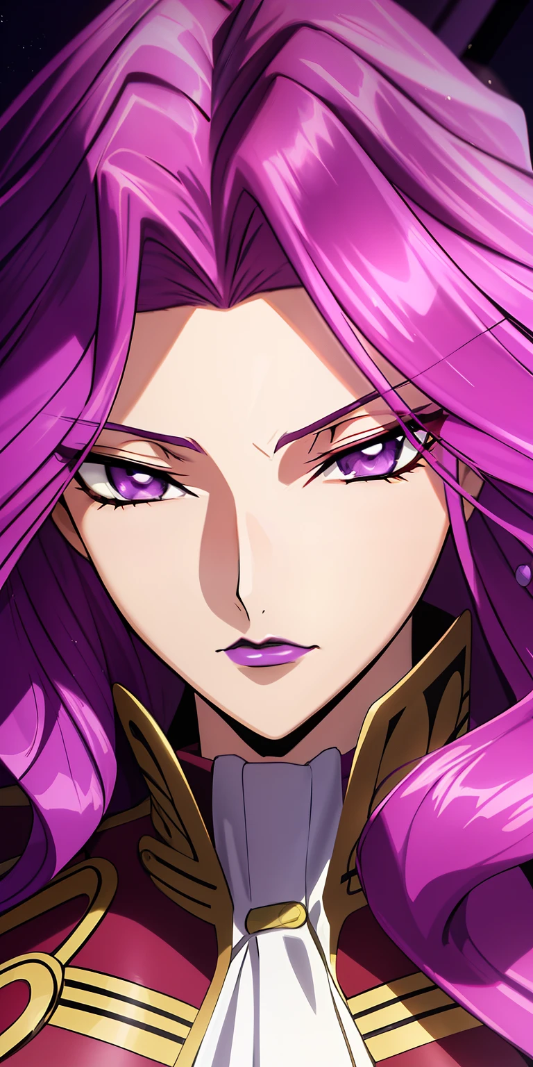 cornelia_li_britannia, huge breasts, solo, standing, cornelia_military_uniform,, masterpiece, best quality, detailed face, detailed eyes, highres, code Geass Corneille purple eyes purple hair purple lip (masterpiece), best quality, expressive eyes, Beautiful FingerBeautiful body,Beautiful Nose,Beautiful character design, perfect eyes, perfect face,  
NSFW,official art,extremely detailed CG unity 8k wallpaper, perfect lighting,Colorful, Bright_Front_face_Lighting,
(masterpiece:1.0),(best_quality:1.0), ultra high res,4K,ultra-detailed,
photography, 8K, HDR, highres, absurdres:1.2, Kodak portra 400, film grain