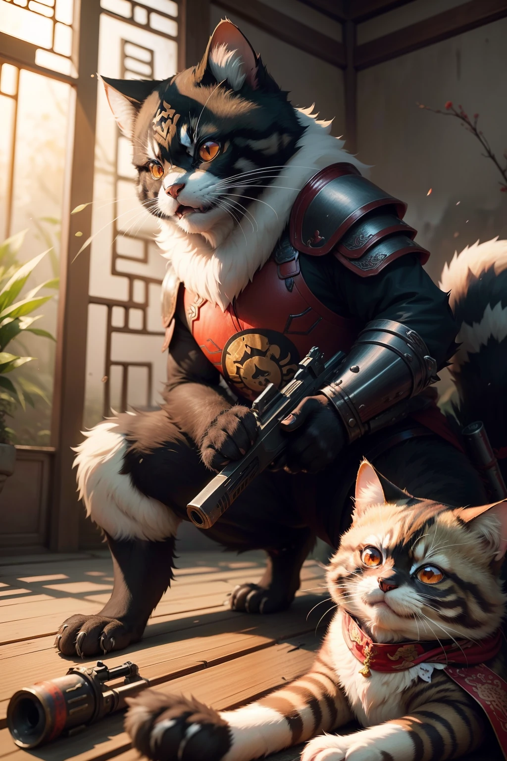 The ancient Chinese fierce tanuki cat cat soldier dripped blood from the corner of his mouth,Long gun in hand,Covered in armor,White bones everywhere,Remains Cliff,Seriously injured,Sharp eyes