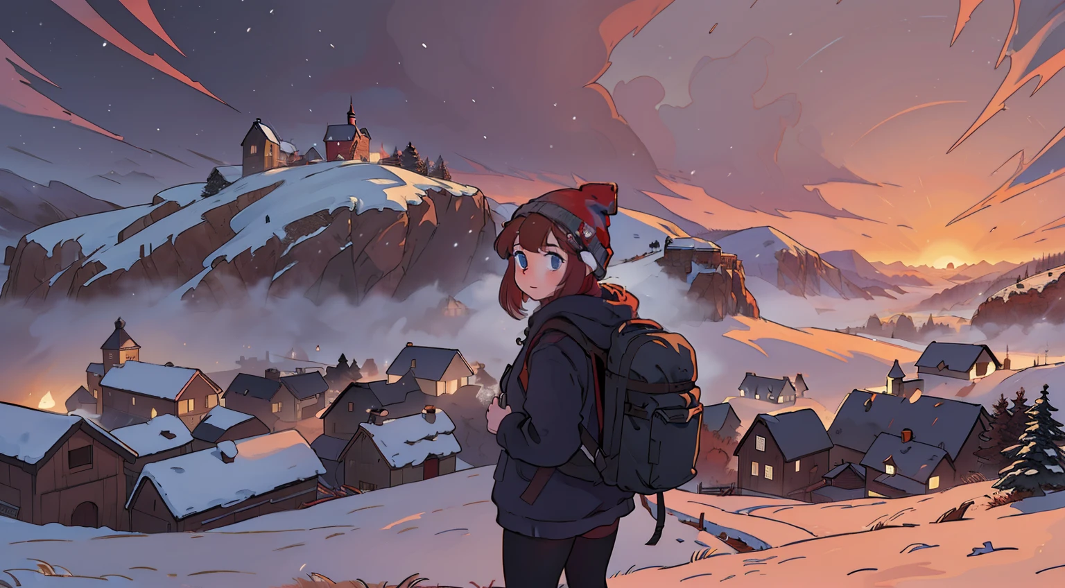 masterpiece, 4k, detailed, wide shot, distant shot of a small village at the bottom of snowy hills, with a girl with red hair in beanie, sweater and tights and backpack looking at it in the foreground, dark, dramatic, spooky lighting with lot of fog, foggy and snowing weather snowy, blizzard