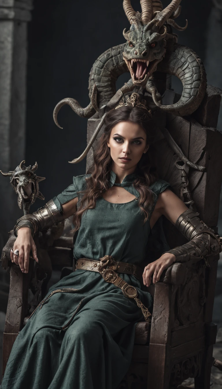Realistic portrait of A medusa with a snake on her head, smiling, dark castle, seated on a chair made of swords, with snakes at her feet, and five Roman soldiers holding swords. They circle around it and attack that woman, action movie, dream, snake evil, evil, scary, focus,