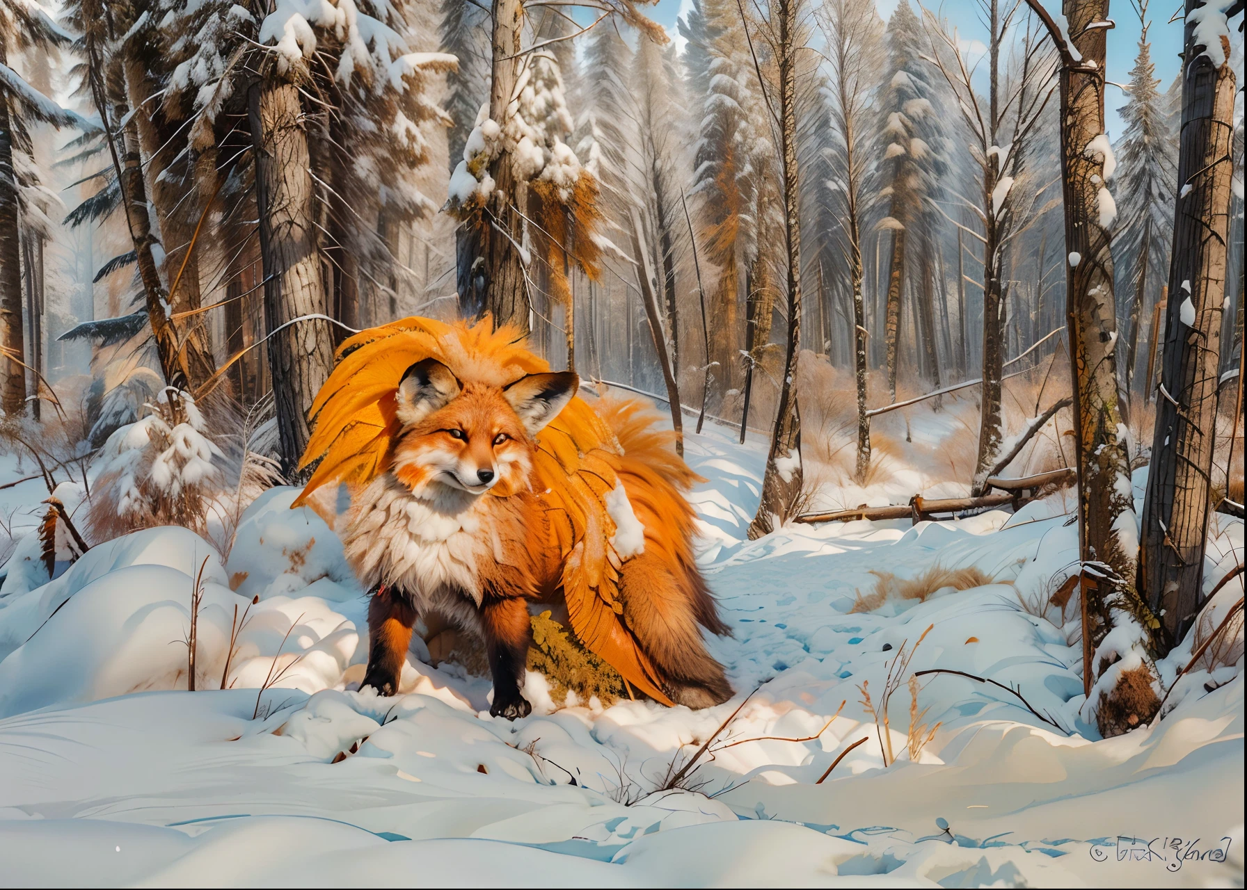 A Red Fox listening, only two legs visible only one nose two identical perfect eyes symmetrical, only two ears, small tree behind it, snow birch trees winter forest clear air slight hint of snowflakes in the air Listen in the style of Alvin Hepler