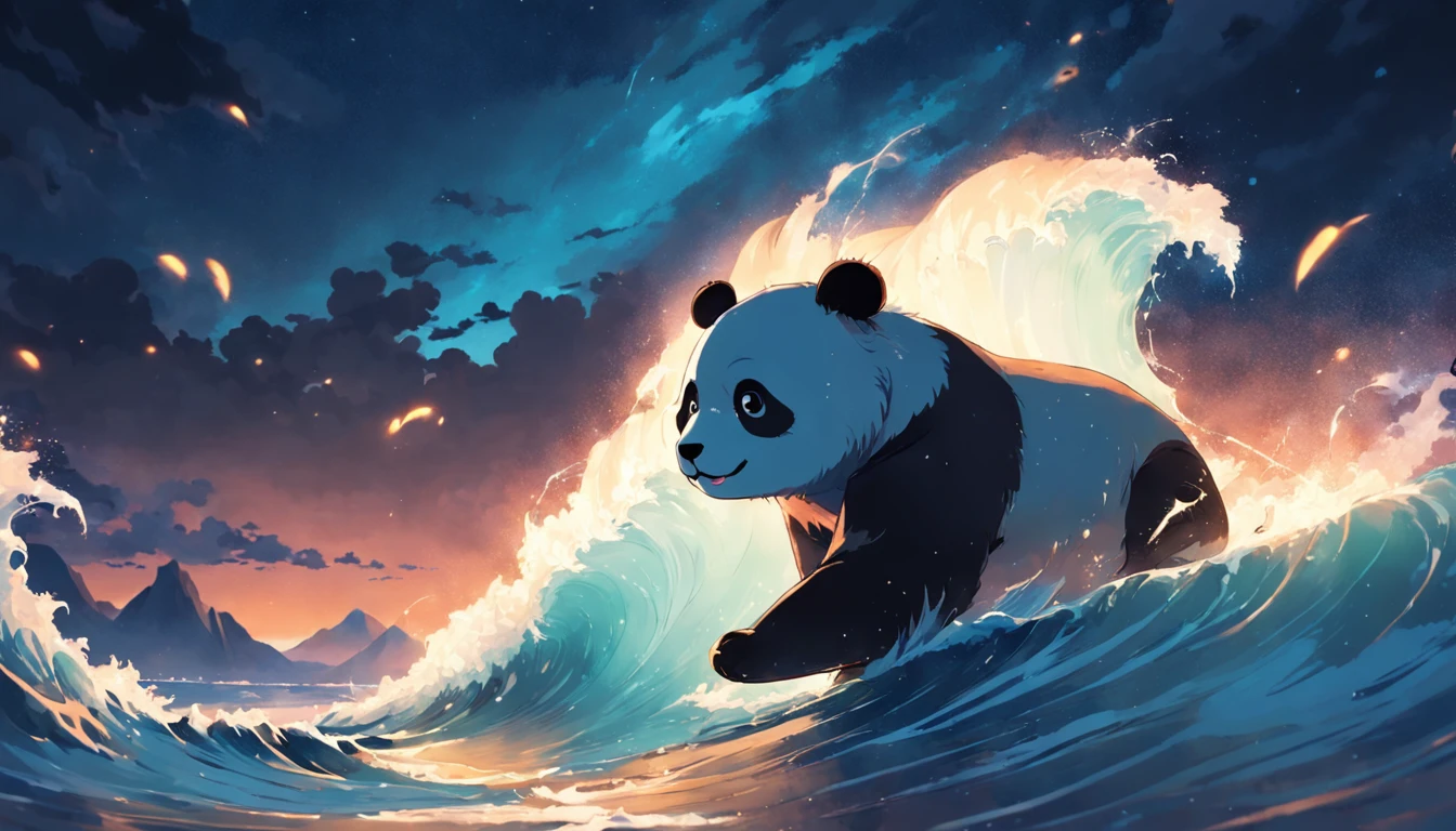tmasterpiece, best qualityer, cinematic Film still from, 1panda, Panda Cloud, Surf in the sea, Close-up, brightly, cheerfulness, Soft lighting and warmth, natta, Starry sky, (spark of light: 0,7)