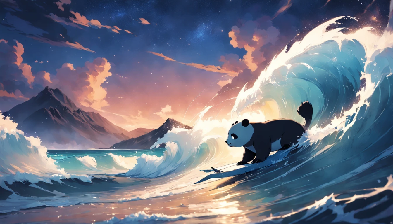 tmasterpiece, best qualityer, cinematic Film still from, 1panda, Panda Cloud, Surf in the sea, Close-up, brightly, cheerfulness, Soft lighting and warmth, natta, Starry sky, (spark of light: 0,7)