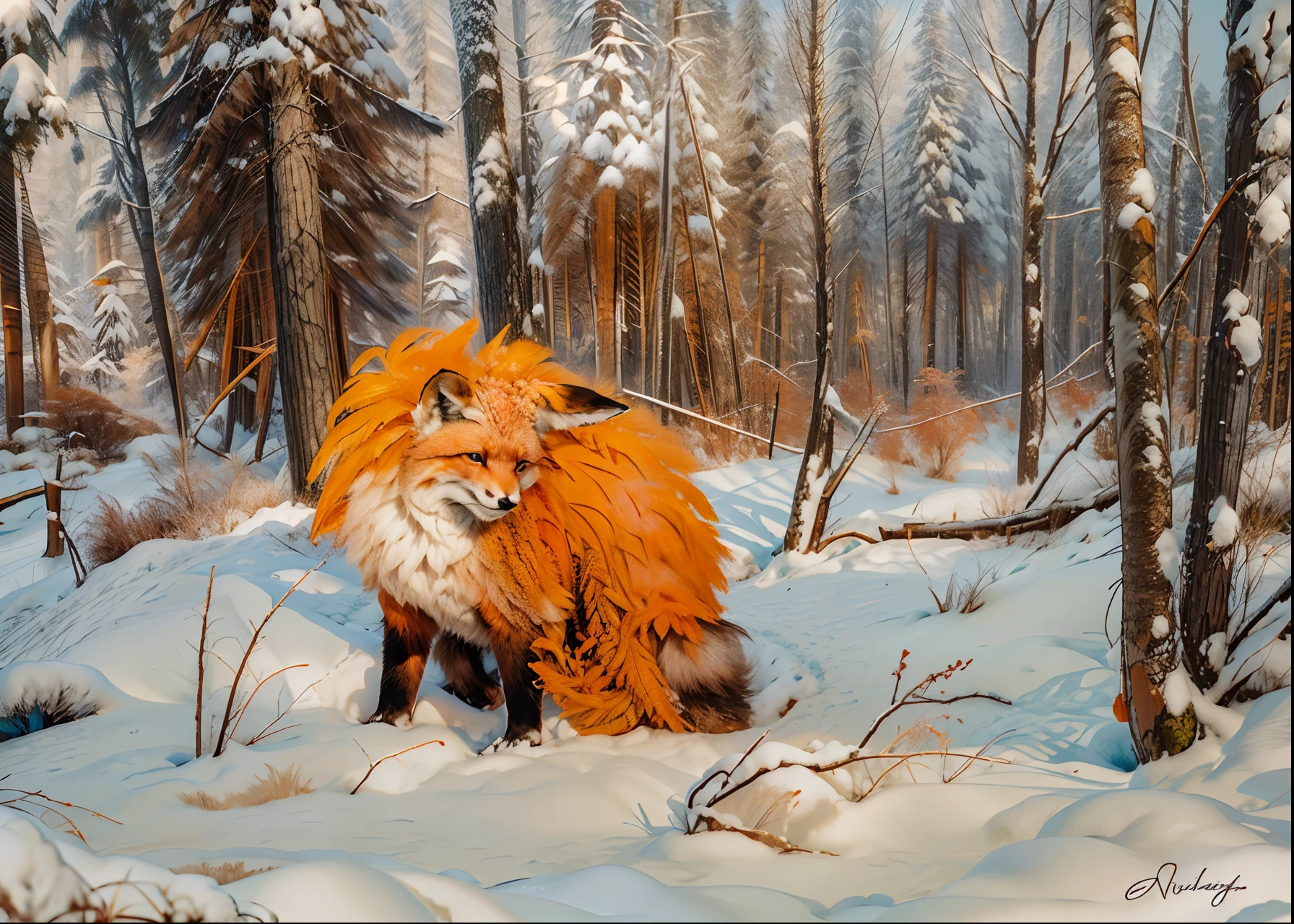 A Red Fox listening, only two legs visible only one nose two identical perfect eyes symmetrical, only two ears, small tree behind it, snow birch trees winter forest clear air slight hint of snowflakes in the air Listen in the style of Alvin Hepler