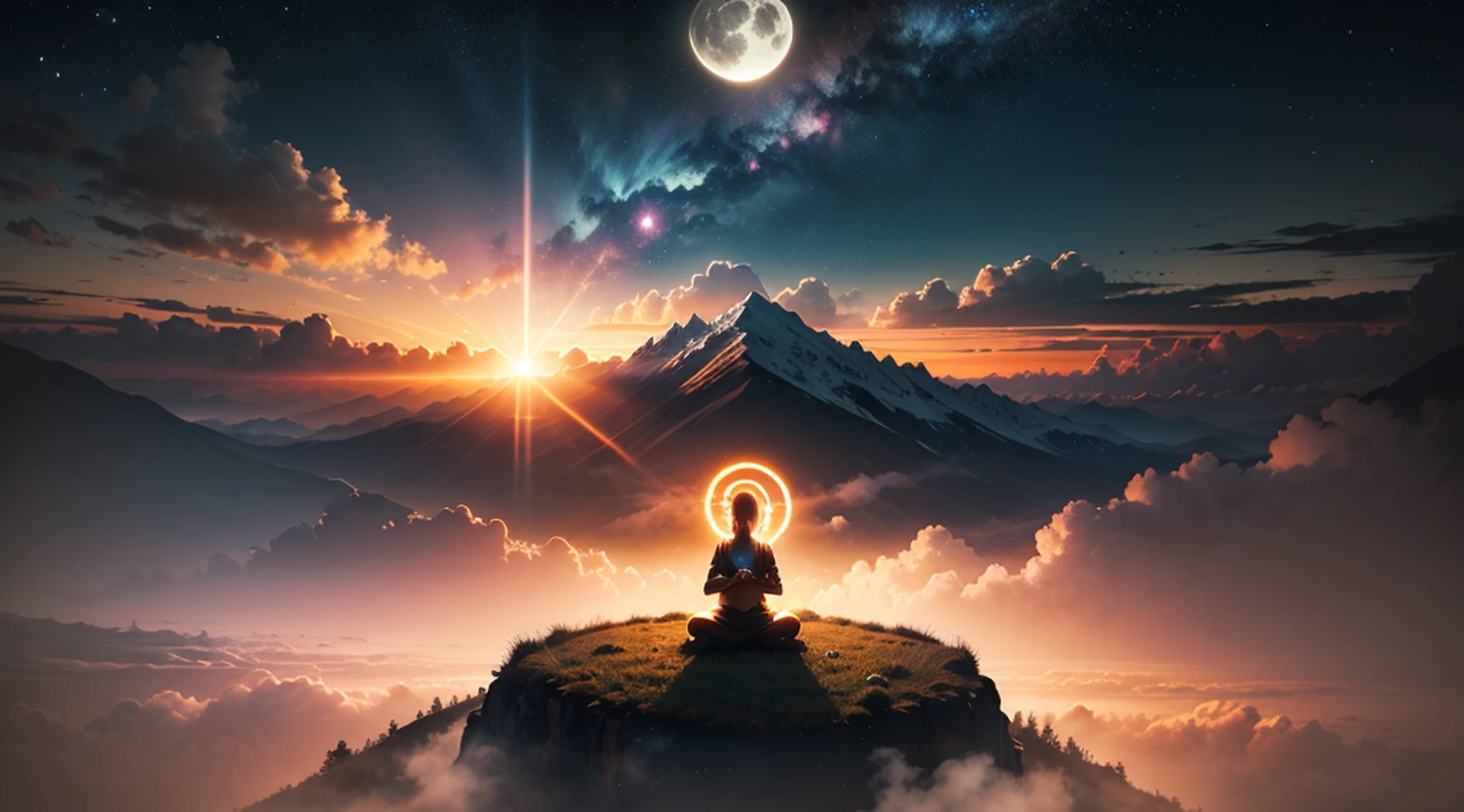 Surrounded by a golden circular halo, Zen meditating woman, Frontal image of the vista, (siluette:1.5), Huge full moon background, clouds, lifelike texture, (happy laughing:1.1), (extremely detailed CG unity 16k wallpaper:1.1), starry sky, ((ultra-detailed)), cinematic angle, beautifully detailed sky, cinematic lighting, (bloom), drop shadow, (backlighting:1.5), panorama, wide shot, (((best quality))), (((masterpiece)))