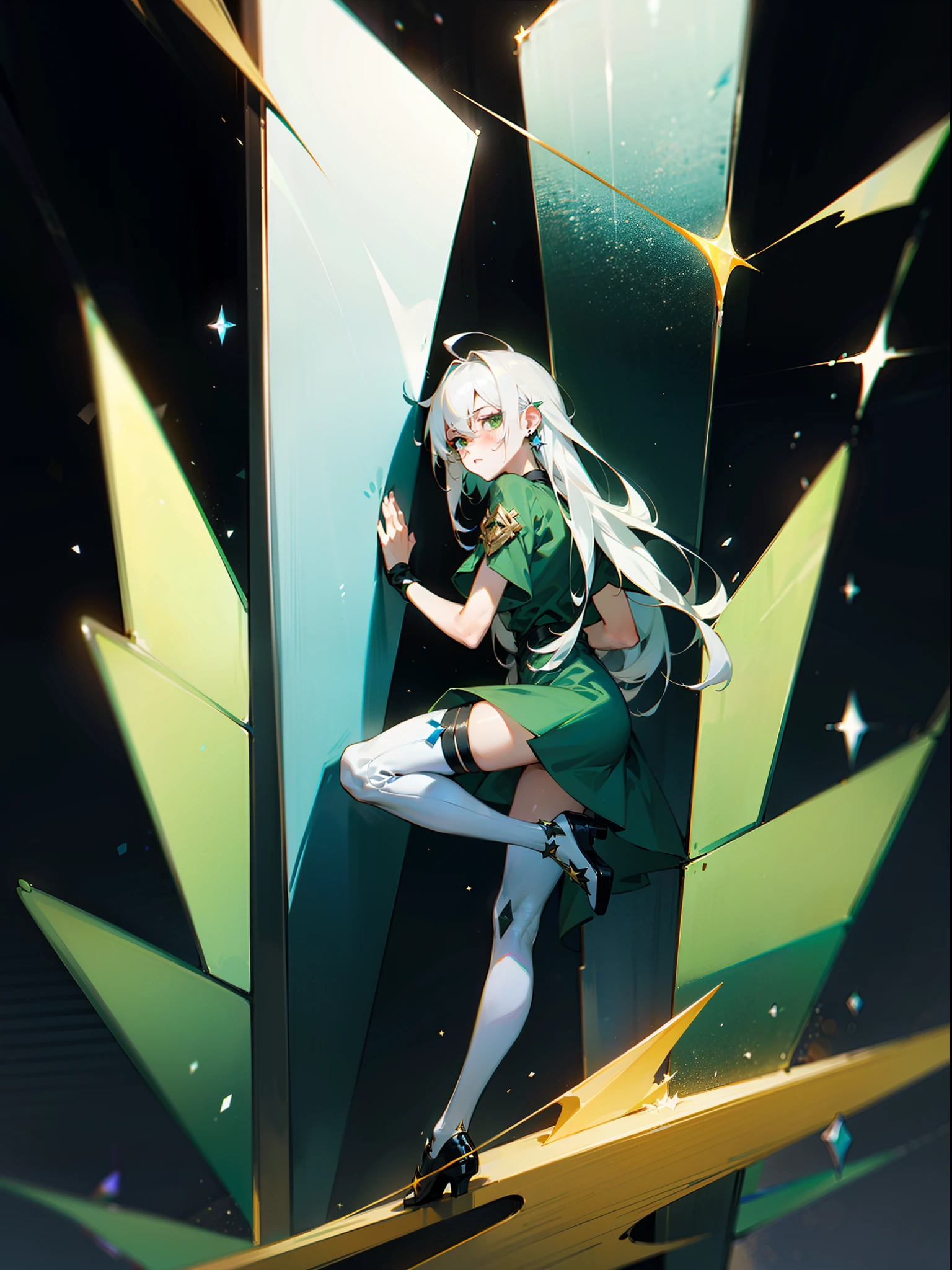 A noble son with white hair and green eyes，Long hair on the back，There is a faint green star under the corner of the left eye，Wear a rectangular green earring made of glass on the left ear，White over-the-knee stockings，Transparent colors、Strong sense of transparency。
