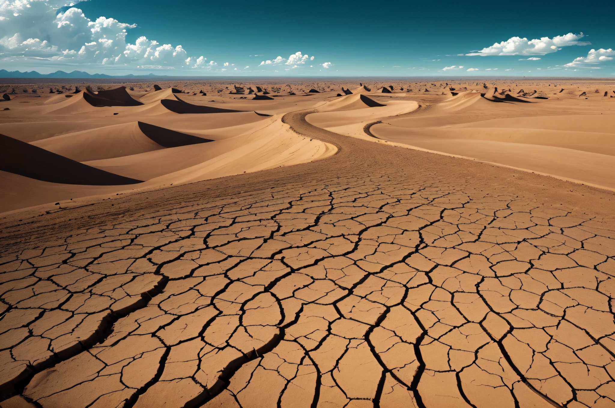 An illustration of a deserted future Earth seen from outer space.

A future where the entire earth has turned into a desert.
Little green vegetation remains, only sand and rocks.
The sky is yellowish and cloudy, and the sunlight hardly reaches it.
The surface of the earth is dry and cracked.
Humans are almost extinct and few survive.
This illustration provides a visual representation of the devastating effects of desertification on the planet. Desertification is a dangerous problem that threatens all life on earth. We need to act now to stop desertification.