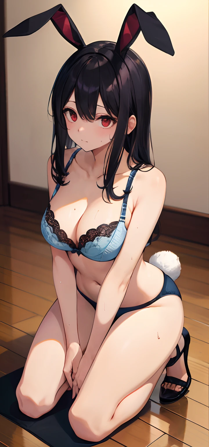 Masterpiece, Best quality, finely detailed, Advanced resolution, Extremely delicate and beautiful, (Bunny Girl), (Breasts), (Red eyes), (full of sweat)，Kneeling pose，Bra tears