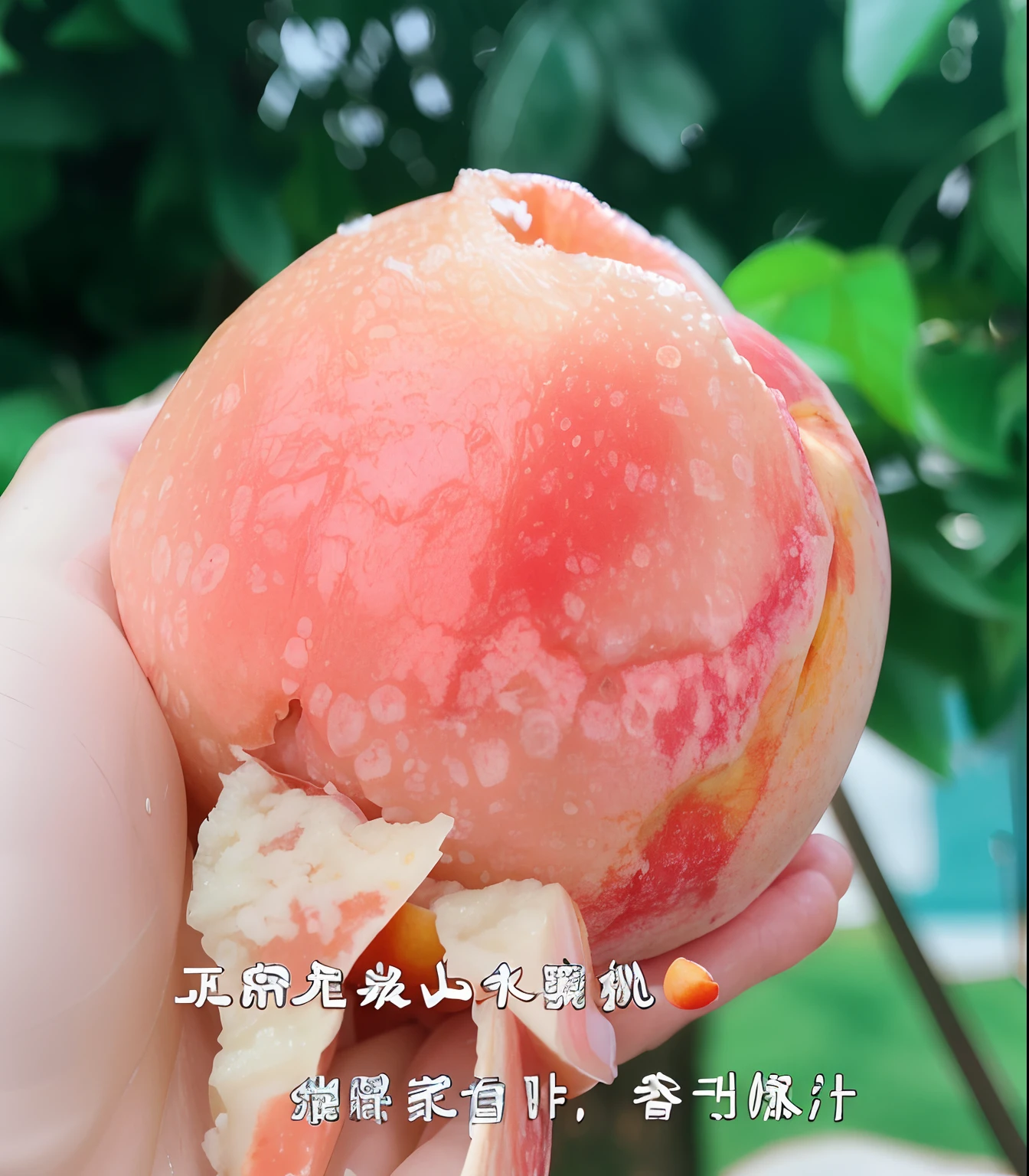 Someone was holding a watertight peach,Got a bite, Eat tender and juicy peaches, Juicy peaches