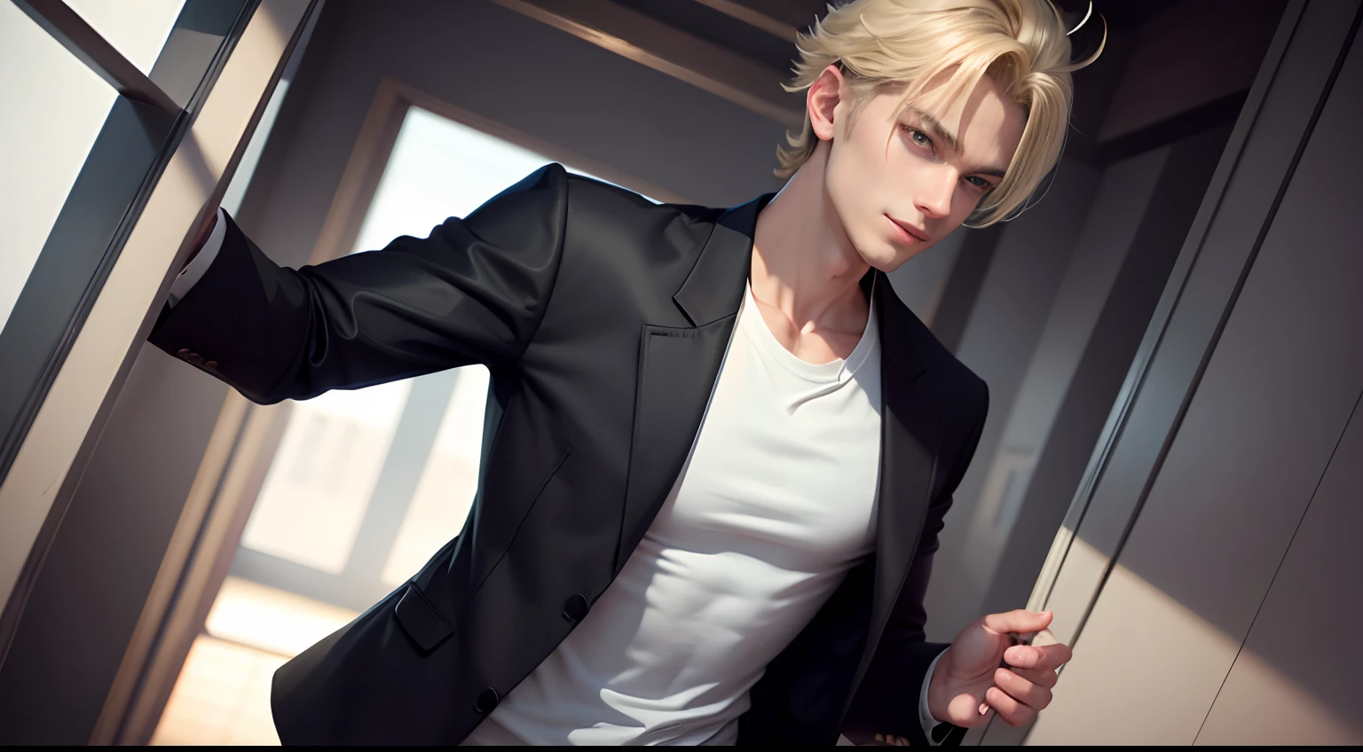 Tall details, 8K, hight resolution, Mikey, manjiro_sano, tokyo prefecture_revengers, 1boy, Solo, Black pants, Male Focus, Shirt, Blonde hair, Mouth closed, Pants, Smile, White shirt, Black eyes, Cowboy Shot, Hands in pockets, Looking at Viewer, Standing, Jacket, Medium Hair, Black jacket, Black jacket, coat, :D, 鎖骨, Shoulder coat, gray shirt --auto