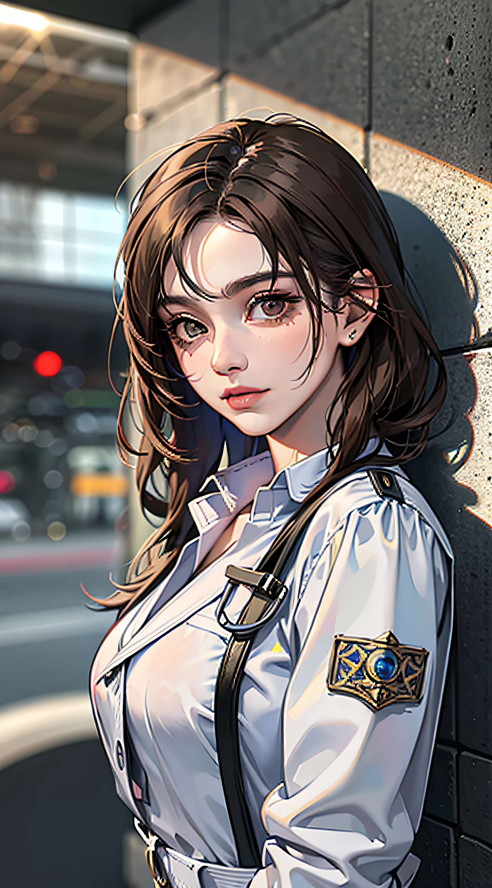(Airport: 1), Afternoon, (Doctor's Suit: 1), Short Bright Brown Fringed Hair, Light Brown Eyes, 1 Girl, 20 Years Old, Innocent, (Realistic), (Intricate Details: 1.2), (Masterpiece: 1.3), (Best Quality: 1.4), (Ultra High Resolution: 1.2), Ultra High Resolution, (Detailed Eyes), (Detailed Facial Features), HDR, 8k Resolution, (Lens Glare: 0.7), Turn Around, Busy Checking Report, Face Viewer