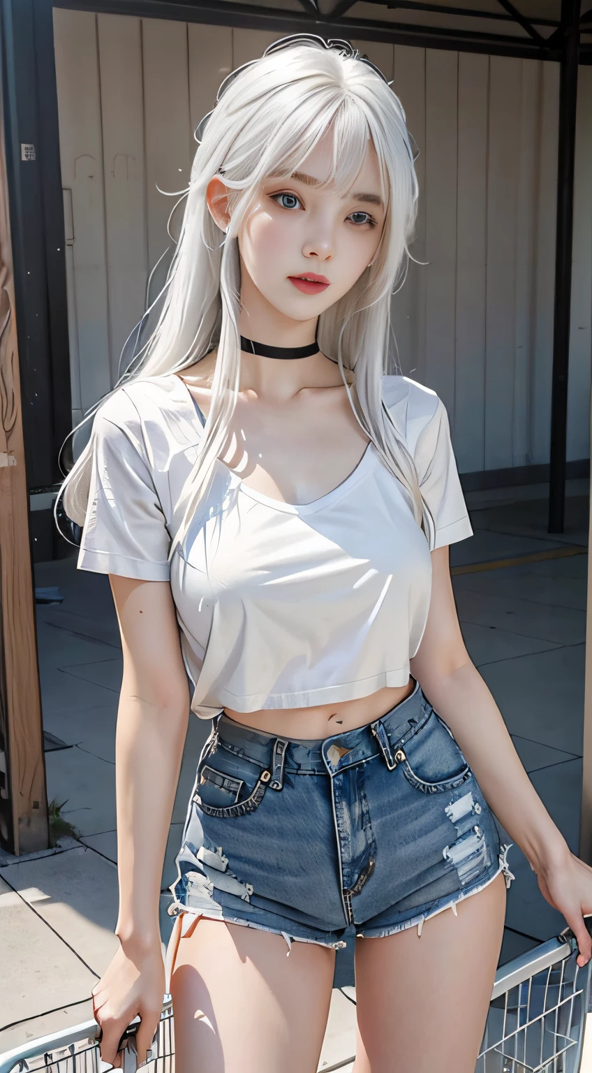 1 girl has a beautiful face and white hair, Airy bangs, Cute, wearing a choker, White T-shirt and denim shorts, Medium breasts, Slender, inside a supermarket, shopping cart, Best quality, Masterpiece, 超高分辨率, (Photorealistic:1.4), RAW photo