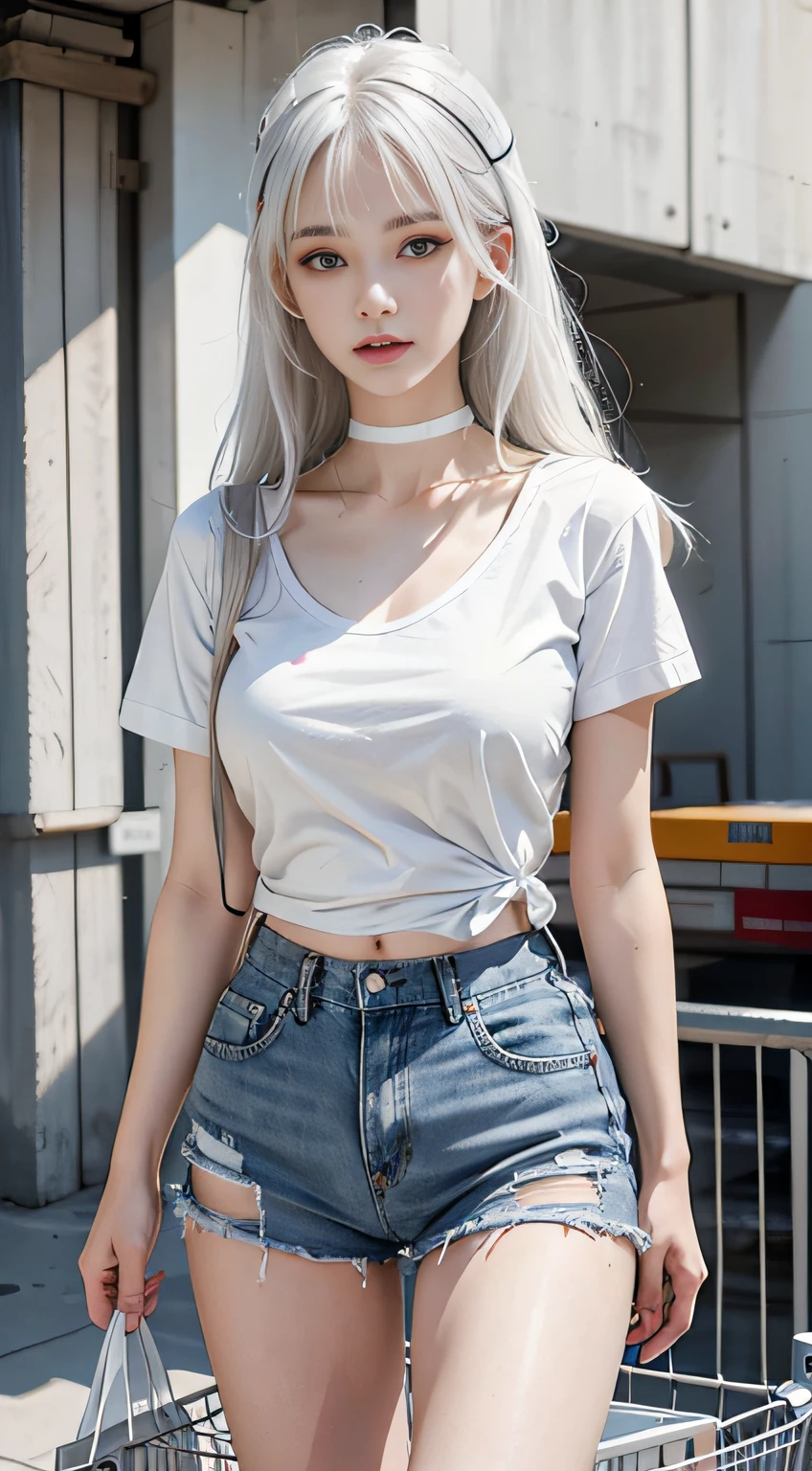 1 girl has a beautiful face and white hair, Airy bangs, Cute, wearing a choker, White T-shirt and denim shorts, Medium breasts, Slender, inside a supermarket, shopping cart, Best quality, Masterpiece, 超高分辨率, (Photorealistic:1.4), RAW photo