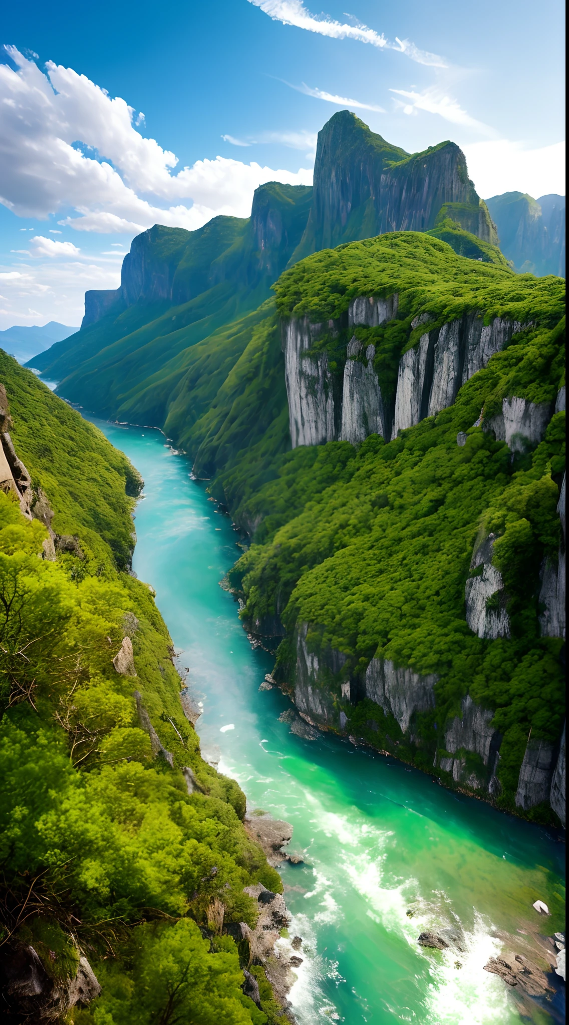 Masterpiece, ultimate quality, Cg unity 8k wallpaper, super delicate, beautiful sky and clouds, rich natural scenery, cliffs, lakes and rivers, waterfalls and flying water, beautiful green mountains, no trace of people, excellent scenery, has already won a photo contest, background Blurring, full depth of field, HDR high dynamics, true restoration, intricate, extreme details, dramatic presentation, perfectly presenting the style of midjourney art.