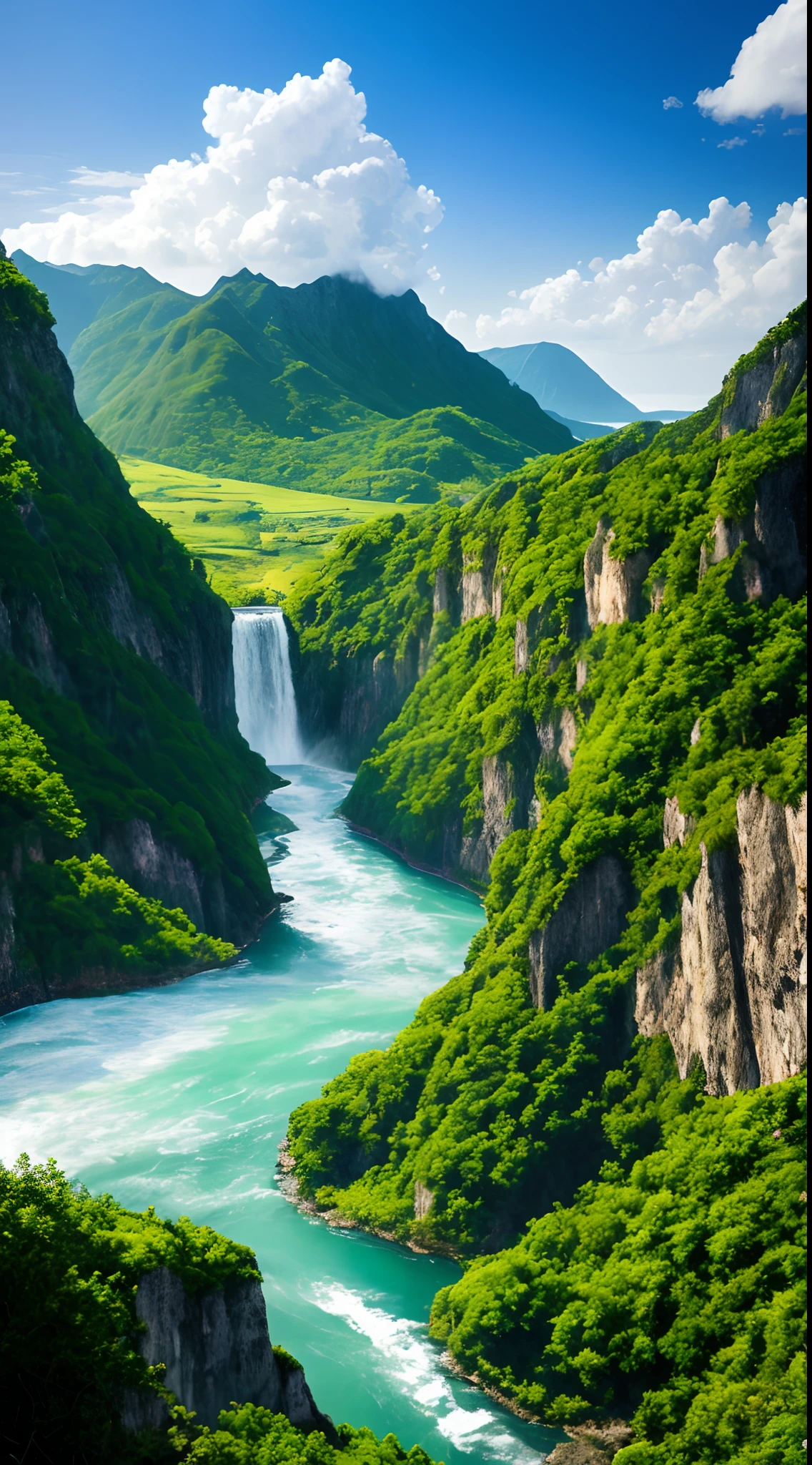 Masterpiece, ultimate quality, Cg unity 8k wallpaper, super delicate, beautiful sky and clouds, rich natural scenery, cliffs, lakes and rivers, waterfalls and flying water, beautiful green mountains, no trace of people, excellent scenery, has already won a photo contest, background Blurring, full depth of field, HDR high dynamics, true restoration, intricate, extreme details, dramatic presentation, perfectly presenting the style of midjourney art.