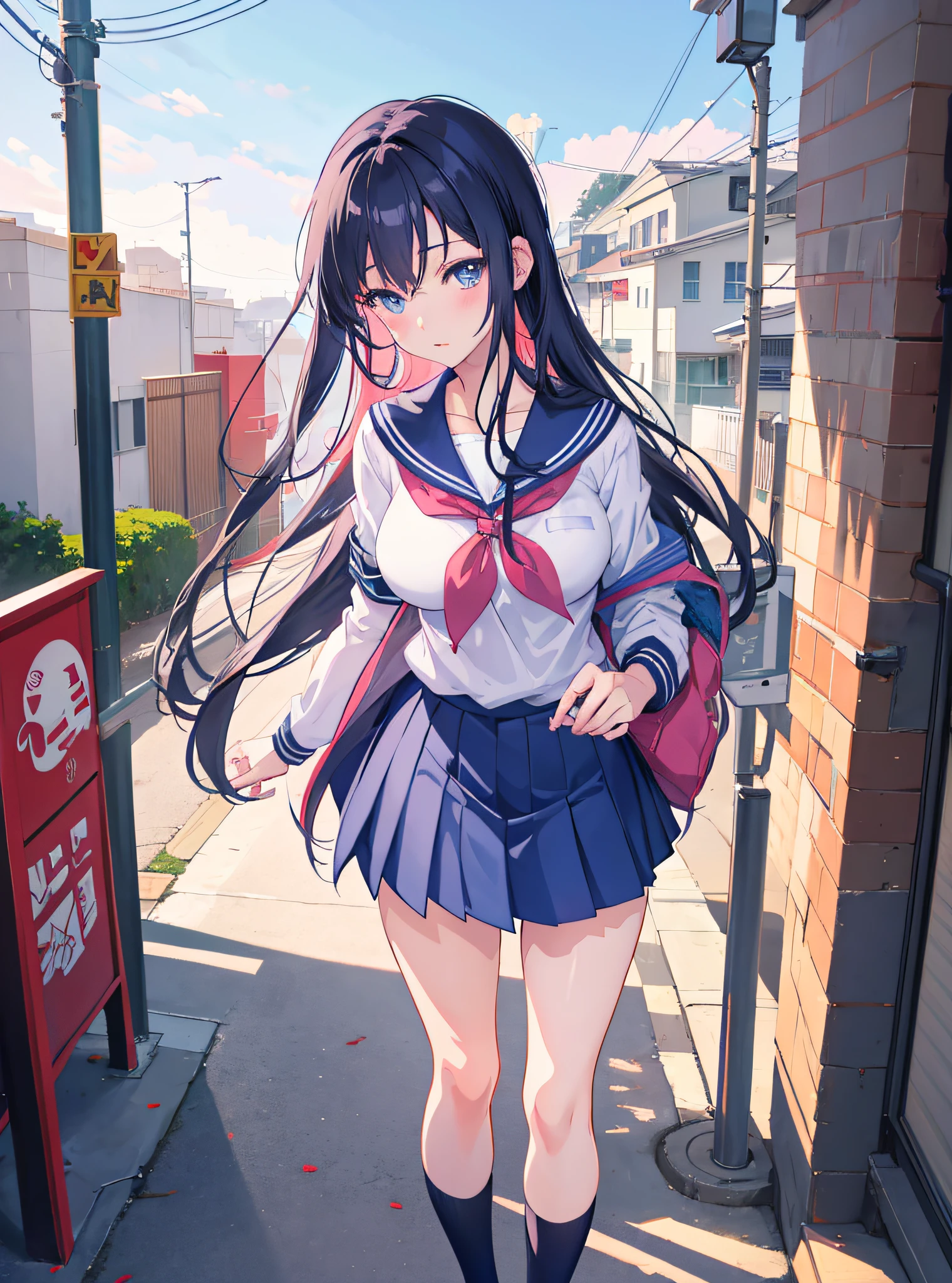 anime girl in a school uniform walking down a street, anime moe artstyle, smooth anime cg art, beautiful anime high school girl, high detailed official artwork, digital anime illustration, anime style 4 k, young anime girl, cute anime girl, medium breasts