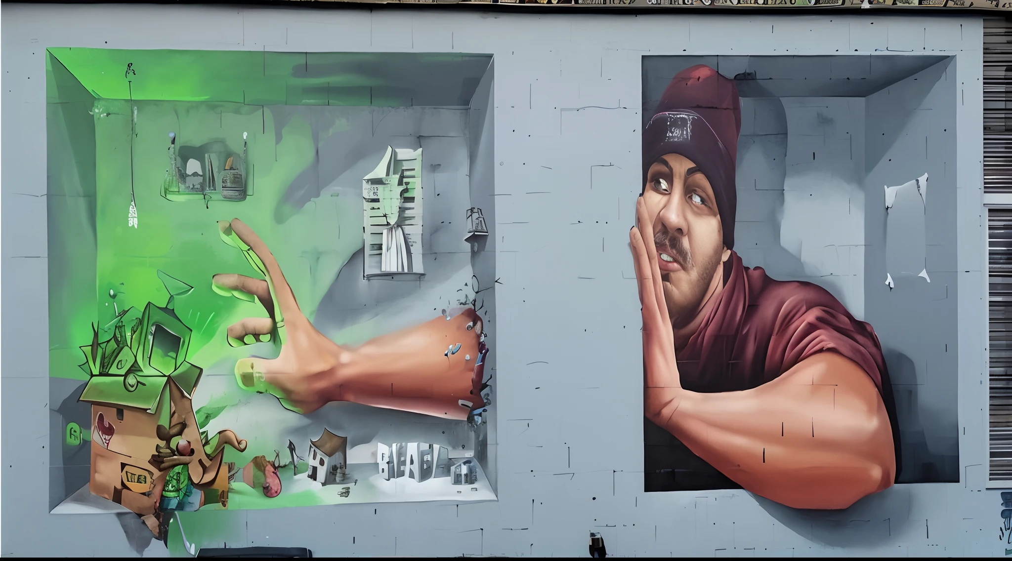 Graffiti of a man with green hands and green hands, streetart, odeith, Spray on the wall, painted on a giant wall, streetart:2, author：Micha Klein, wall paintings, author：craola, author：Darken, street art 8 k, streetart:2 masterpiece, author：Jacob Pinas, mural art