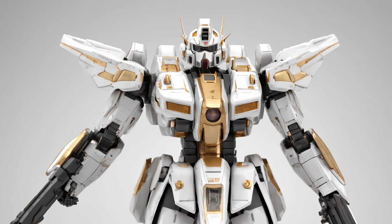 The picture shows the white and gold Gundam。, The style in the intersecting plane is highly realistic, grandeur of scale, Playful and complex, Glassy translucent, posing elegantly, super detailing, Maxon Cinema 4D, High detail, 32k --s 1000 --varnish --AR 9:16