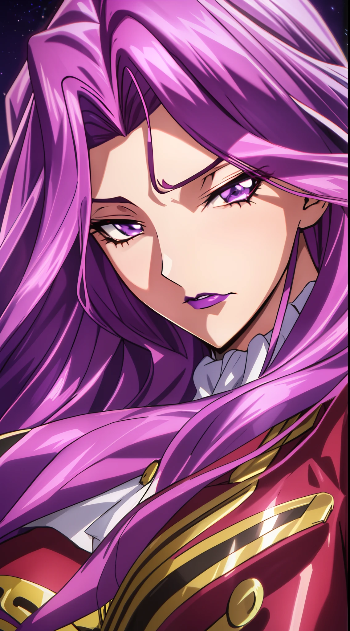 cornelia_li_britannia, huge breasts, solo, standing, cornelia_military_uniform,, masterpiece, best quality, detailed face, detailed eyes, highres, code Geass Corneille purple eyes purple hair purple lip (masterpiece), best quality, expressive eyes, Beautiful FingerBeautiful body,Beautiful Nose,Beautiful character design, perfect eyes, perfect face,  
NSFW,official art,extremely detailed CG unity 8k wallpaper, perfect lighting,Colorful, Bright_Front_face_Lighting,
(masterpiece:1.0),(best_quality:1.0), ultra high res,4K,ultra-detailed,
photography, 8K, HDR, highres, absurdres:1.2, Kodak portra 400, film grain