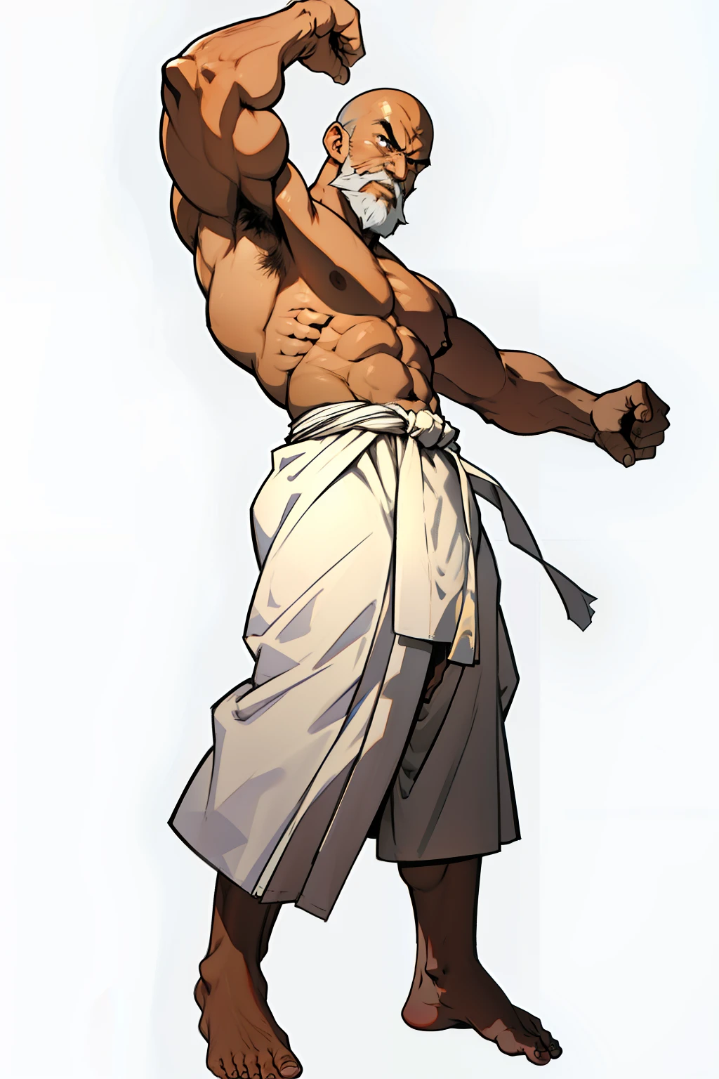 Khmer man warrior, full body to toes and feet, topless, dark brown tanned, street fighter, random boxing pose, bald, long white grey beard, long monk robe, (wearing all white), white background,