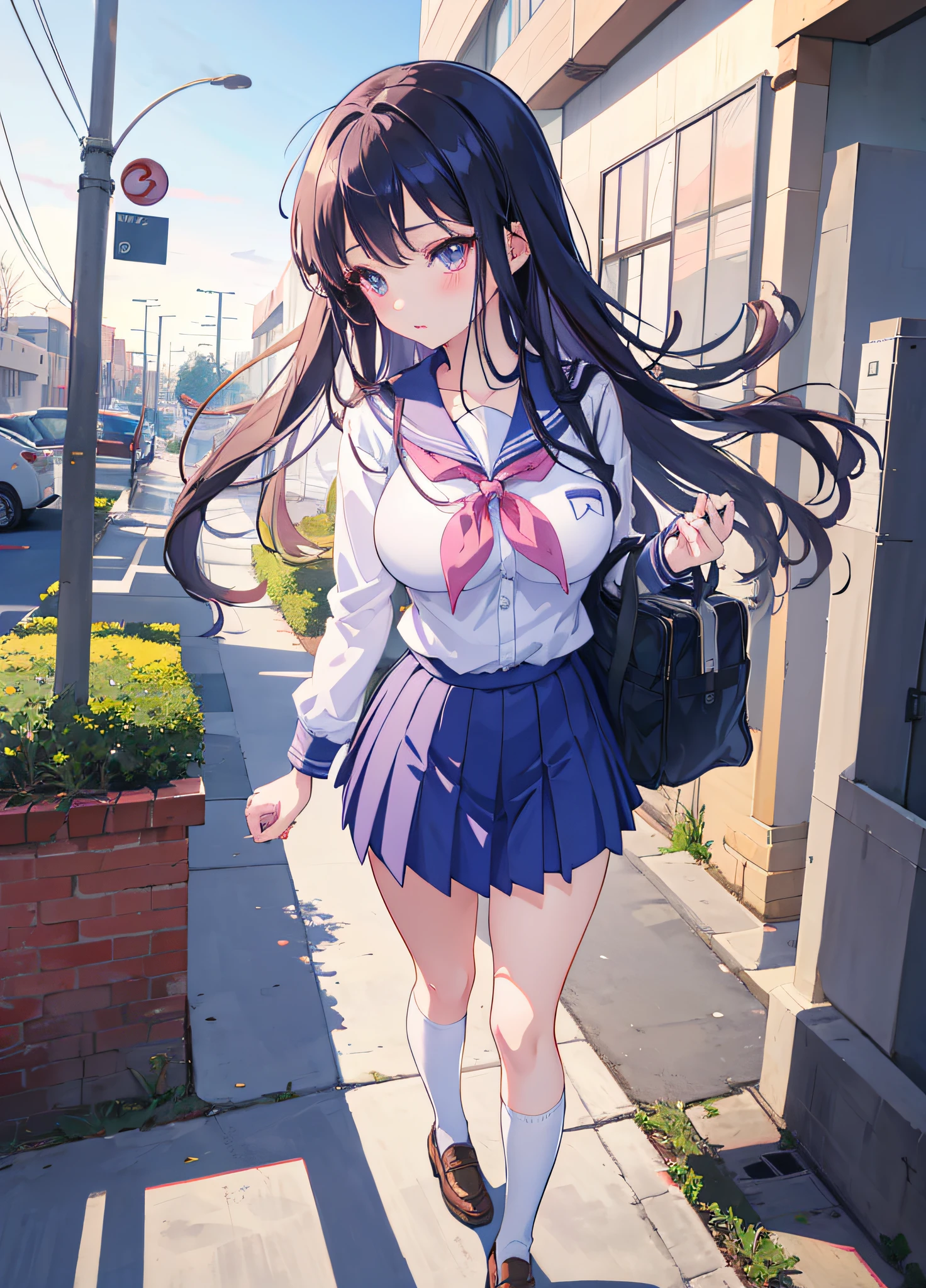 anime girl in a school uniform walking down a street, anime moe artstyle,  smooth anime cg art, beautiful anime high school girl, high detailed official artwork, digital anime illustration, anime style 4 k, young anime girl,  cute anime girl, beautiful breast