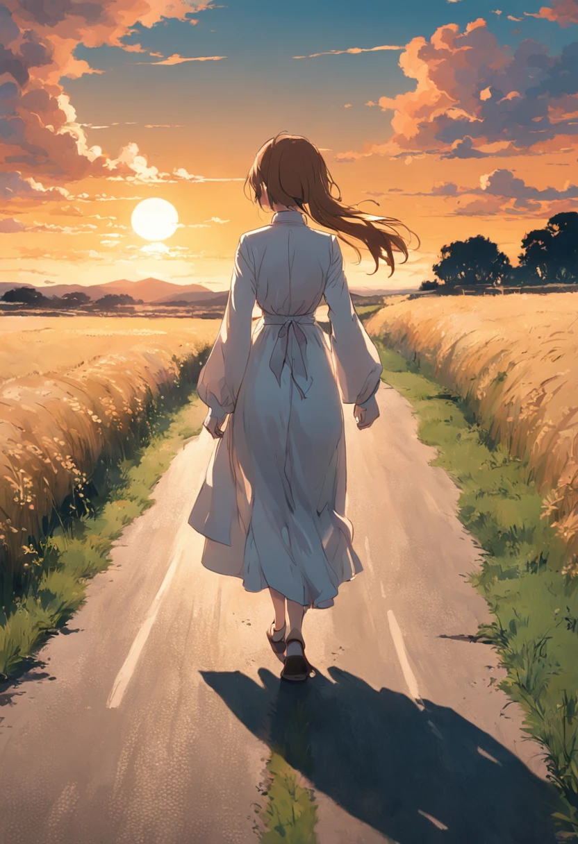 There was a woman walking down the road in a white dress, a picture by Vincent Lefevre, Tumblr, Happening, leica 8k still from an a24 film, traveling in france, far away from camera, Still from L'Estate, beautiful cinematography, walking towards camera, 480p, 4 8 0 p, shot from danis villeneuve movie,eventide,Light,Behind the perspective,Only half of his body appears in the picture,Close-up portrait