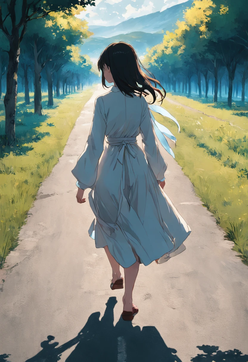 There was a woman walking down the road in a white dress, a picture by Vincent Lefevre, Tumblr, Happening, leica 8k still from an a24 film, traveling in france, far away from camera, Still from L'Estate, beautiful cinematography, walking towards camera, 480p, 4 8 0 p, shot from danis villeneuve movie,eventide,Light,Behind the perspective,Only half of his body appears in the picture,Close-up portrait