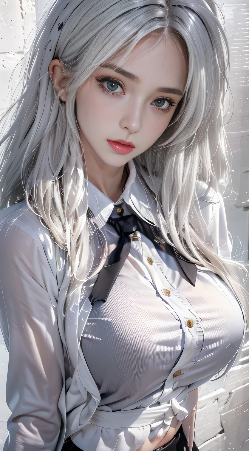 Photorealistic, high resolution, 1 Women, Solo, Waist up, Beautiful eyes, Close lips, Detailed face, White hair, Long hair, Collared shirt, black necktie,Black skirt, pencil skirts, Fur coat, Stockings